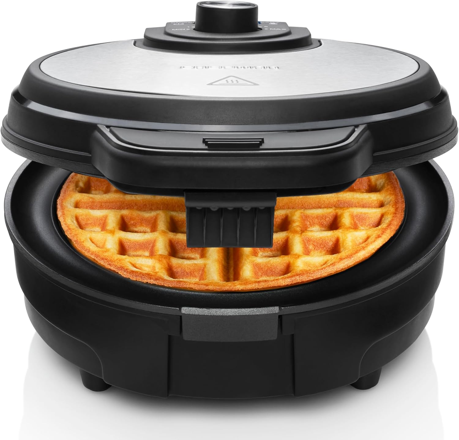 Chefman Anti-Overflow Belgian Waffle Maker w/Shade Selector, Temperature Control, Mess Free Moat, Round Iron w/Nonstick Plates & Cool Touch Handle, Measuring Cup Included, Black