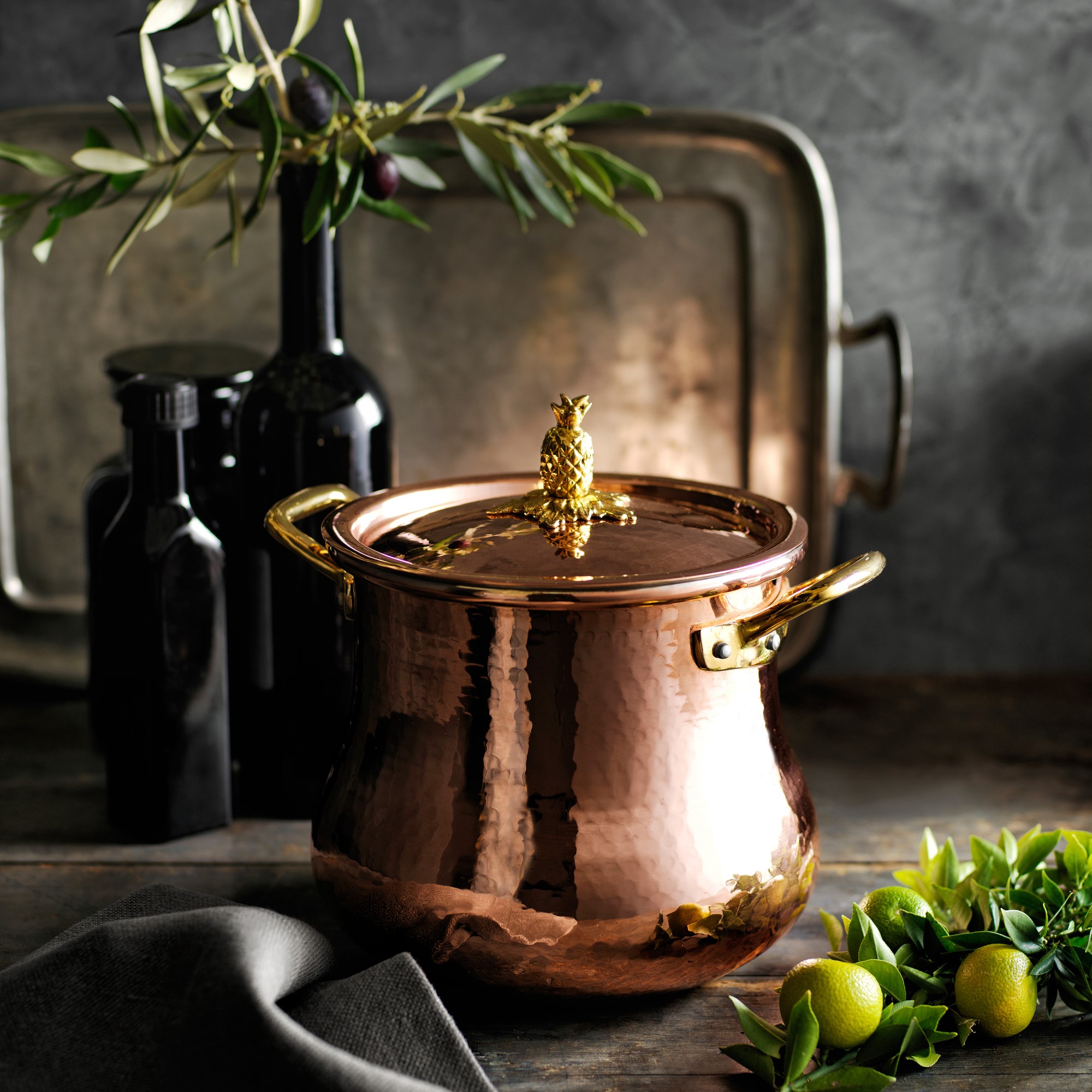 Ruffoni Historia Hammered Copper Stock Pot with Pineapple Knob, 5 1/2-Qt.