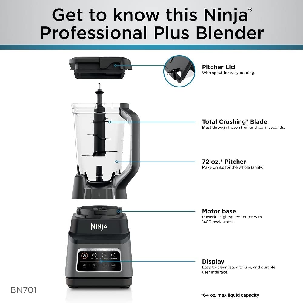 Ninja BN801 Professional Plus Kitchen System, 1400 WP, 5 Functions for Smoothies, Chopping, Dough & More with Auto IQ, 72-oz.* Blender Pitcher, 64-oz. Processor Bowl, (2) 24-oz. To-Go Cups, Grey