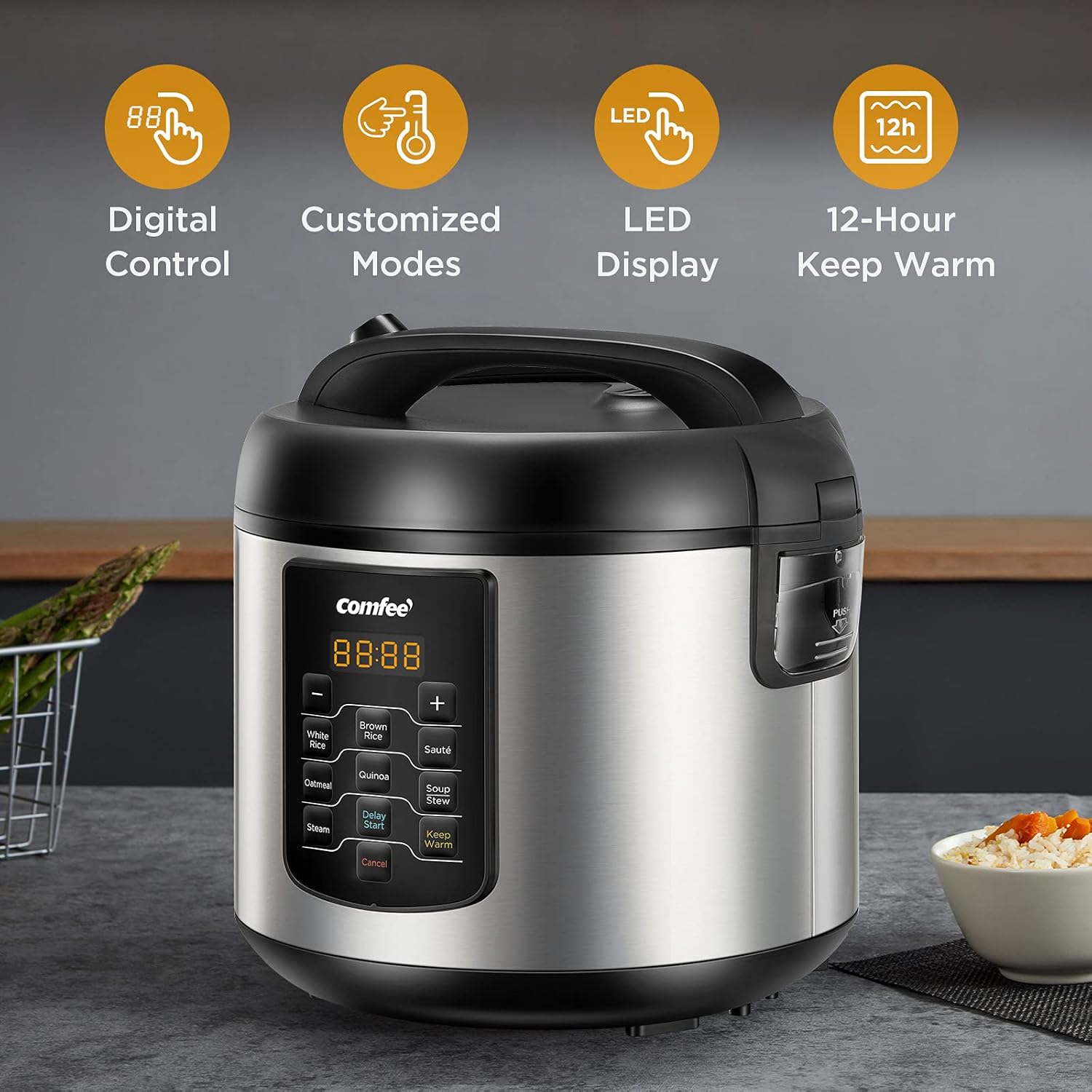 COMFEE' Compact Rice Cooker, 6-in-1 Stainless Steel Multi Cooker, Slow Cooker, Steamer, Saute, and Warmer, 2 QT, 8 Cups Cooked(4 Cups Uncooked), Brown Rice, Quinoa and Oatmeal, 6 One-Touch Programs