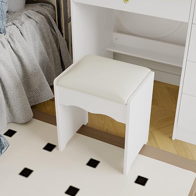 Christmas promotion, Vanity Desk Set Makeup Table with Large Sliding Lighted Mirror & Glass Top, Modern Dressing Table with Drawers, Storage Shelves & Stool for Bedroom