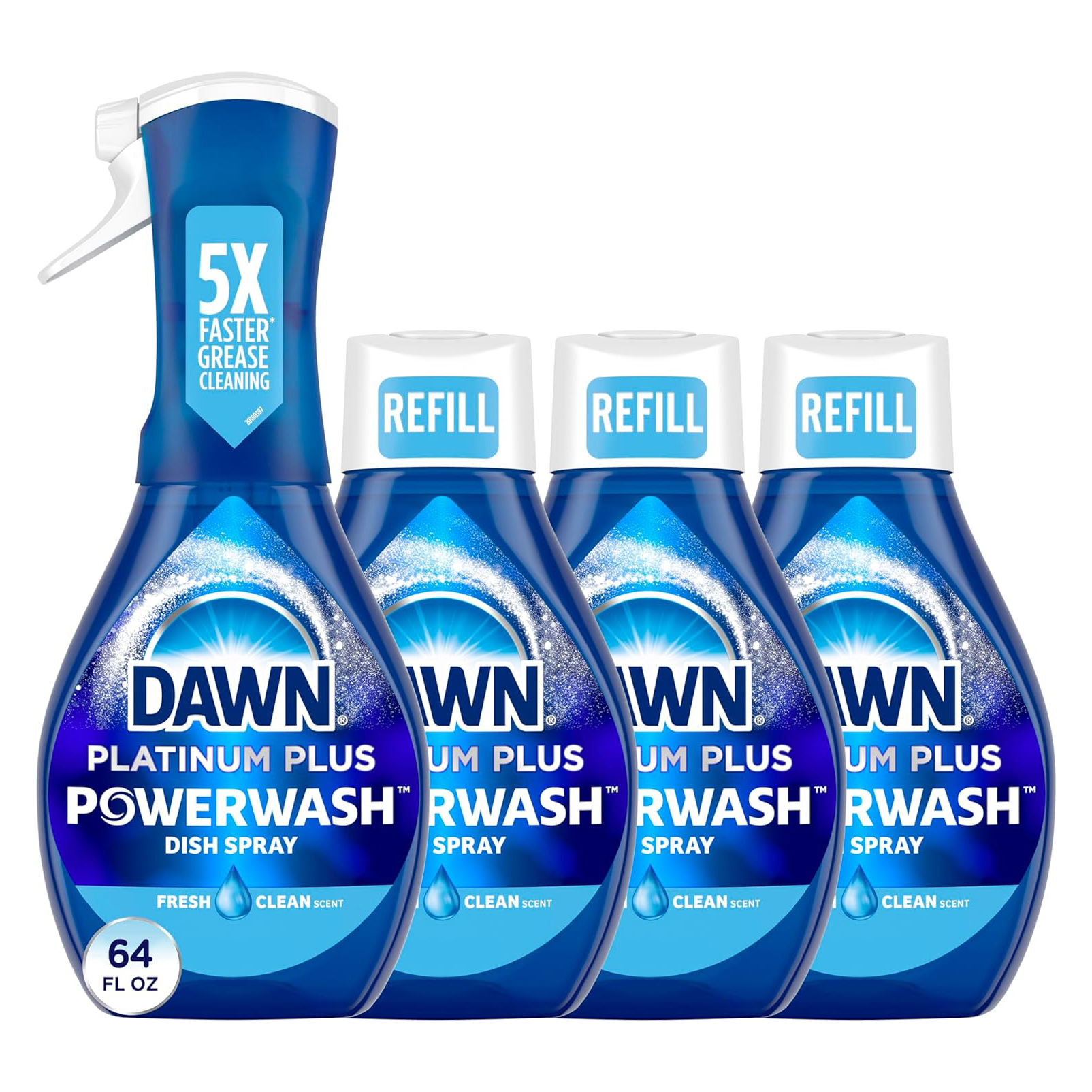 Dawn Platinum Powerwash Dish Spray, Dish Soap, Fresh Scent Bundle, 1 Spray (16oz) + 3 Refills (16oz each)