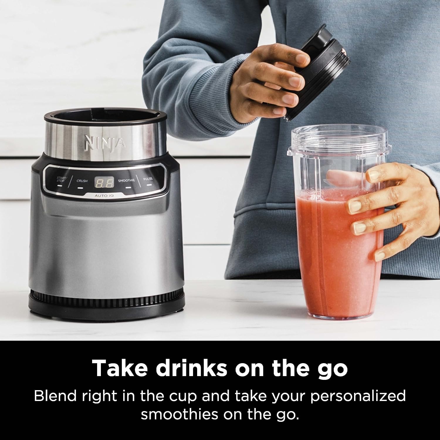 Ninja BN301 Nutri-Blender Plus Compact Personal Blender, 900-Peak-Watt Motor, Frozen Drinks, Smoothies, Sauces & More, (3) 20 oz. To-Go Cups, (2) Spout-Lids (1) Storage-Lid, Dishwasher Safe, Silver