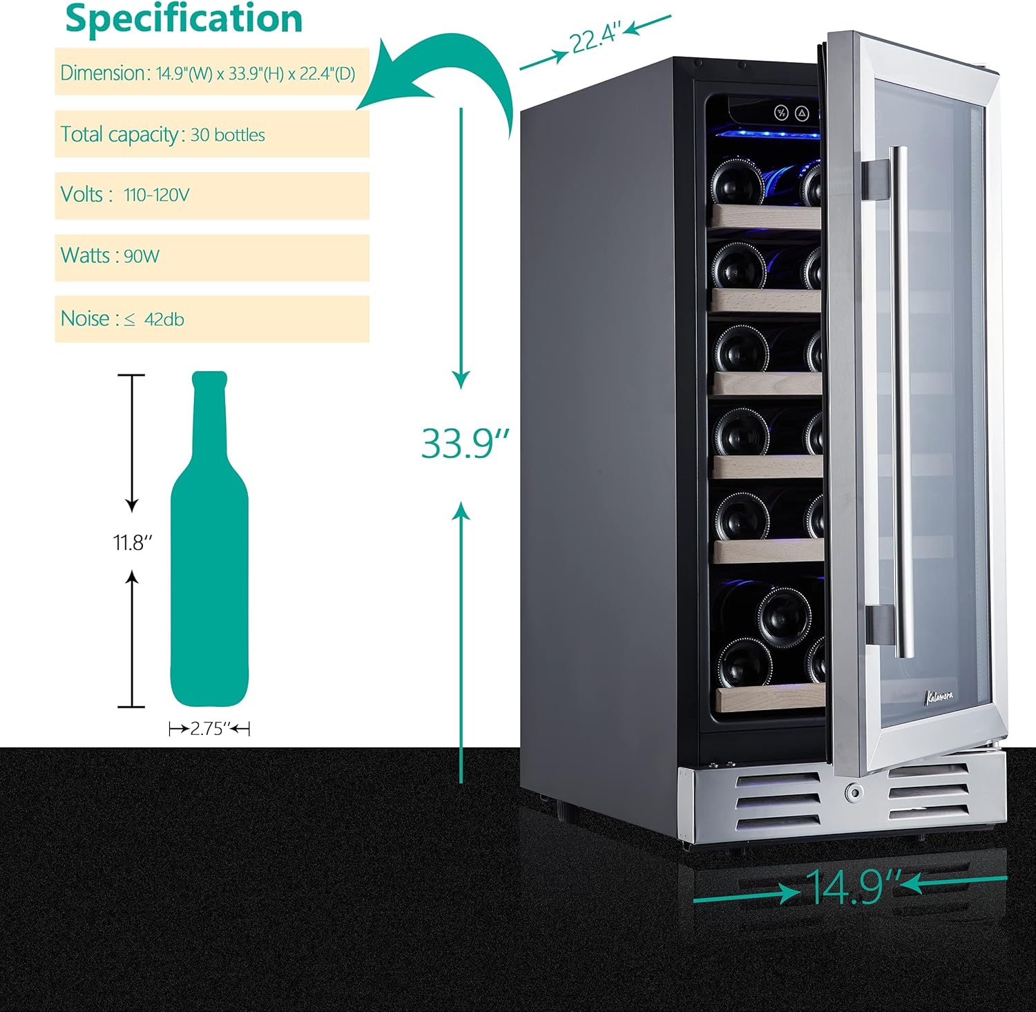 Kalamera 24 inch Wine Cooler, 46 Bottle - Dual Zone Built-in or Freestanding Fridge with Stainless Steel Reversible Glass Door, for Home, Kitchen, or Office.