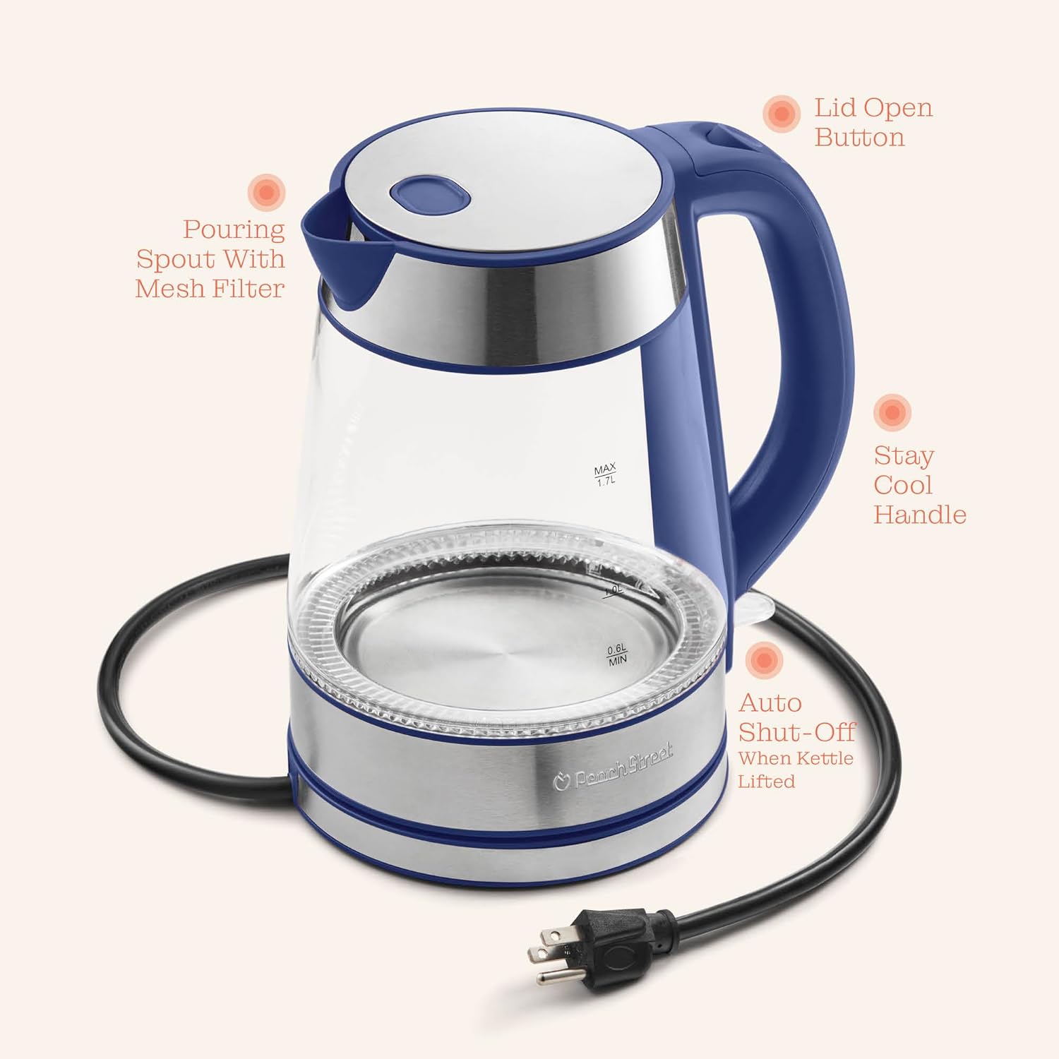 Speed-Boil Electric Kettle For Coffee & Tea - 1.7L Water Boiler 1500W, Borosilicate Glass, Easy Clean Wide Opening, Auto Shut-Off, Cool Touch Handle, LED Light. 360° Rotation, Boil Dry Protection