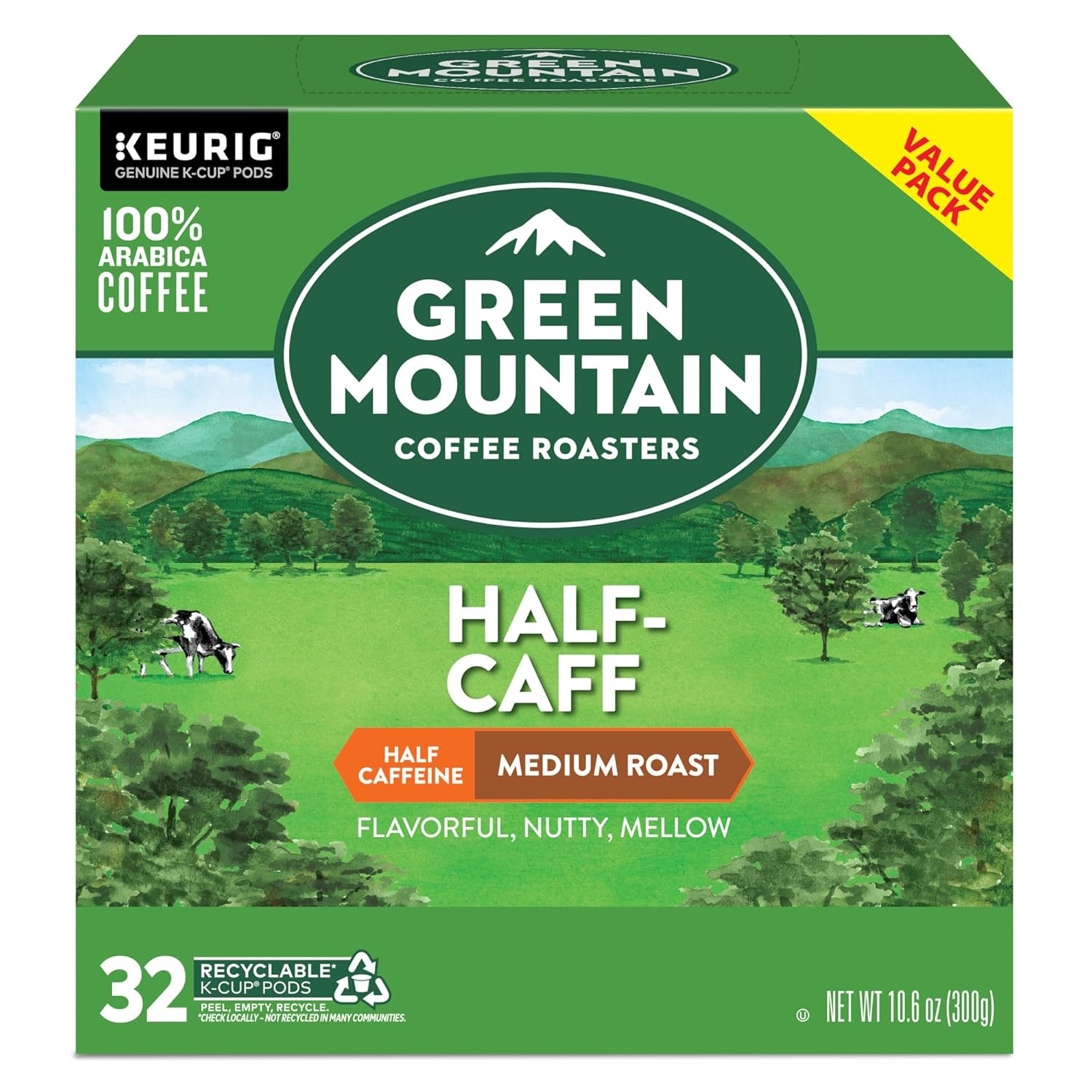 Green Mountain Coffee Roasters Half Caff Keurig Single-Serve K-Cup pods, Medium Roast Coffee, 72 Count (6 Packs of 12)