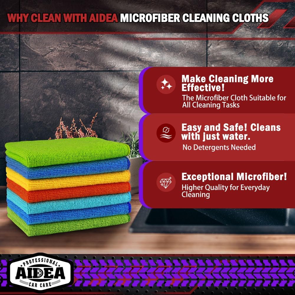 AIDEA Microfiber Cleaning Cloths-50PK, Microfiber Towels for Cars, Premium All-Purpose Car Cloth, Dusting Cloth Cleaning Rags, Absorbent Microfiber Cloth for SUVs, House, Kitchen, Window-12×12