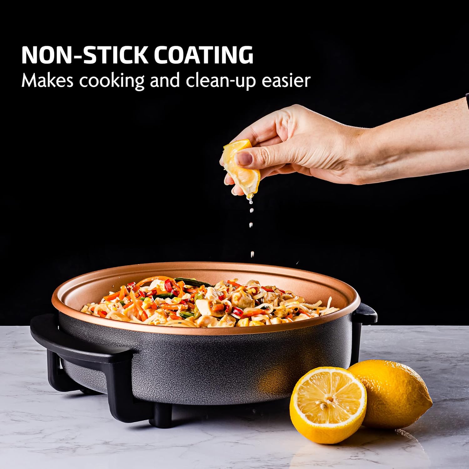 OVENTE 12 Inch Electric Skillet and Frying Pan with Nonstick Coating, 1400W Power, Adjustable Temperature Control, Tempered Glass Lid with Vent and Cool Touch Handles, Black SK11112B