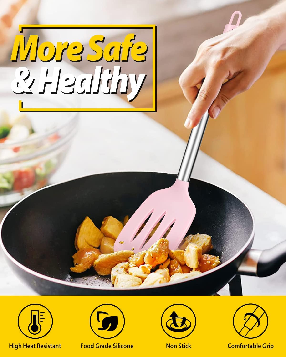 Pack of 2 Silicone Solid Turner,Non Stick Slotted Kitchen Spatulas,High Heat Resistant BPA Free Cooking Utensils,Ideal Cookware for Fish,Eggs,Pancakes (Black)