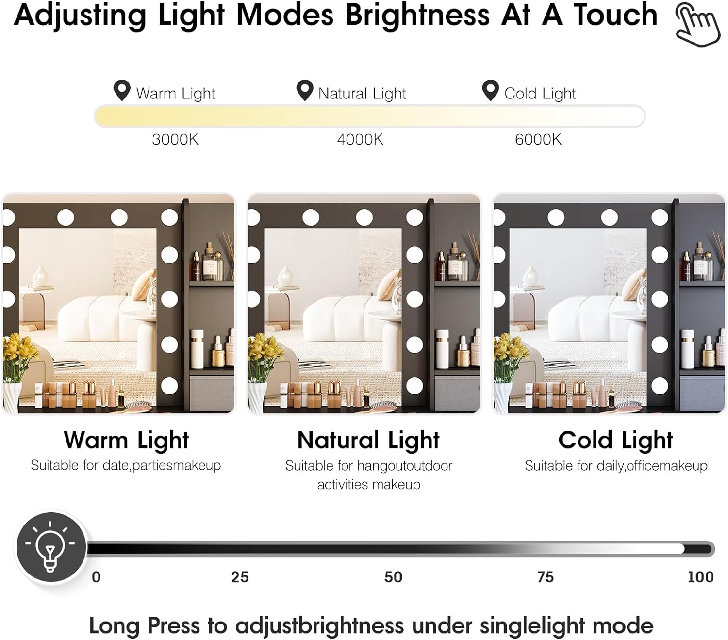 Vabches Makeup Vanity with Lights, 37inch Vanity Desk, 4 Large Drawers Dresser with Lighted Mirror, 3 Lighting Modes Brightness Adjustable
