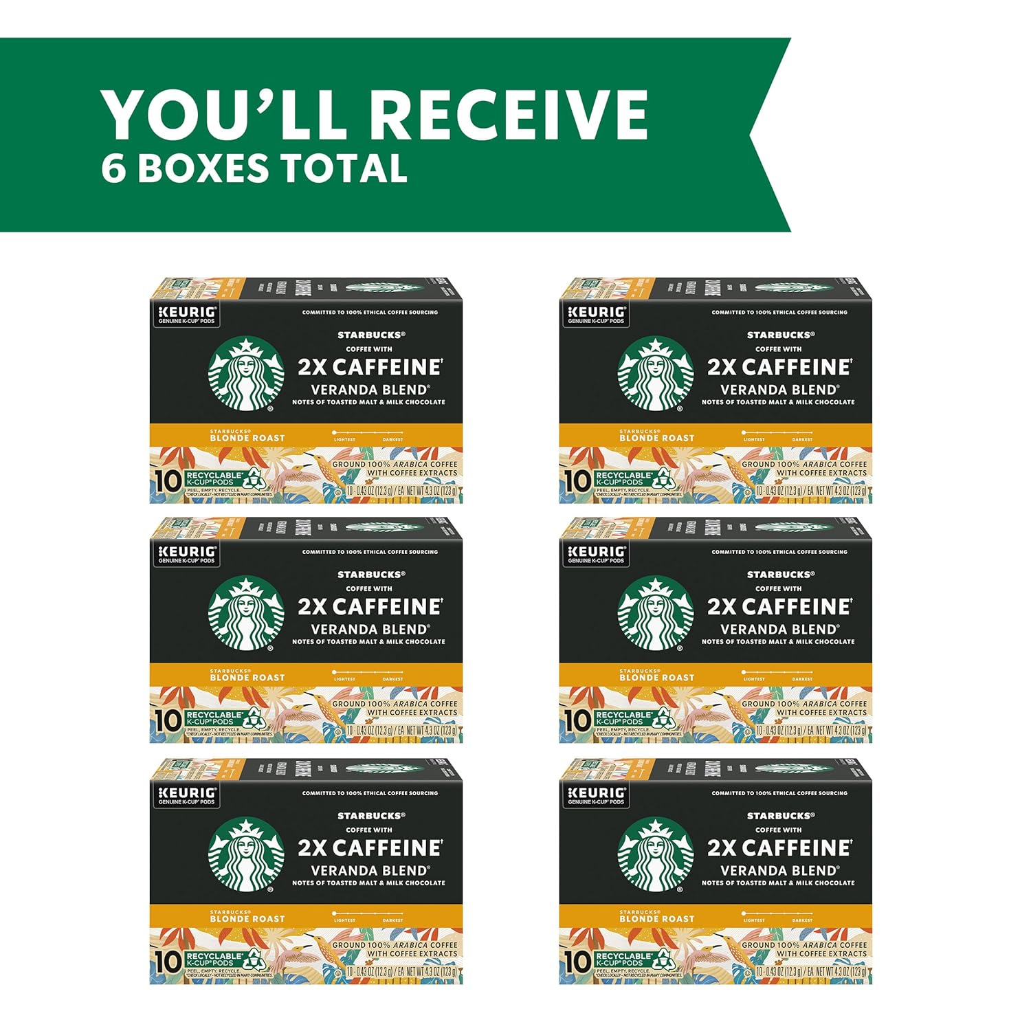Starbucks K-Cup Coffee Pods, Starbucks Blonde Roast Coffee, Veranda Blend for Keurig Brewers, 100% Arabica, 6 boxes (60 pods total)