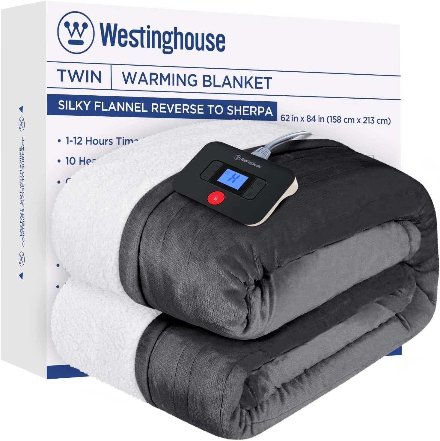 Westinghouse Heated Throw Blanket, Electric Blanket Throw with 6 Heating Levels and 2-10 Hours Time Settings, Flannel to Sherpa Super Cozy Heated Blanket Machine Washable, 50x60 inch, Charcoal