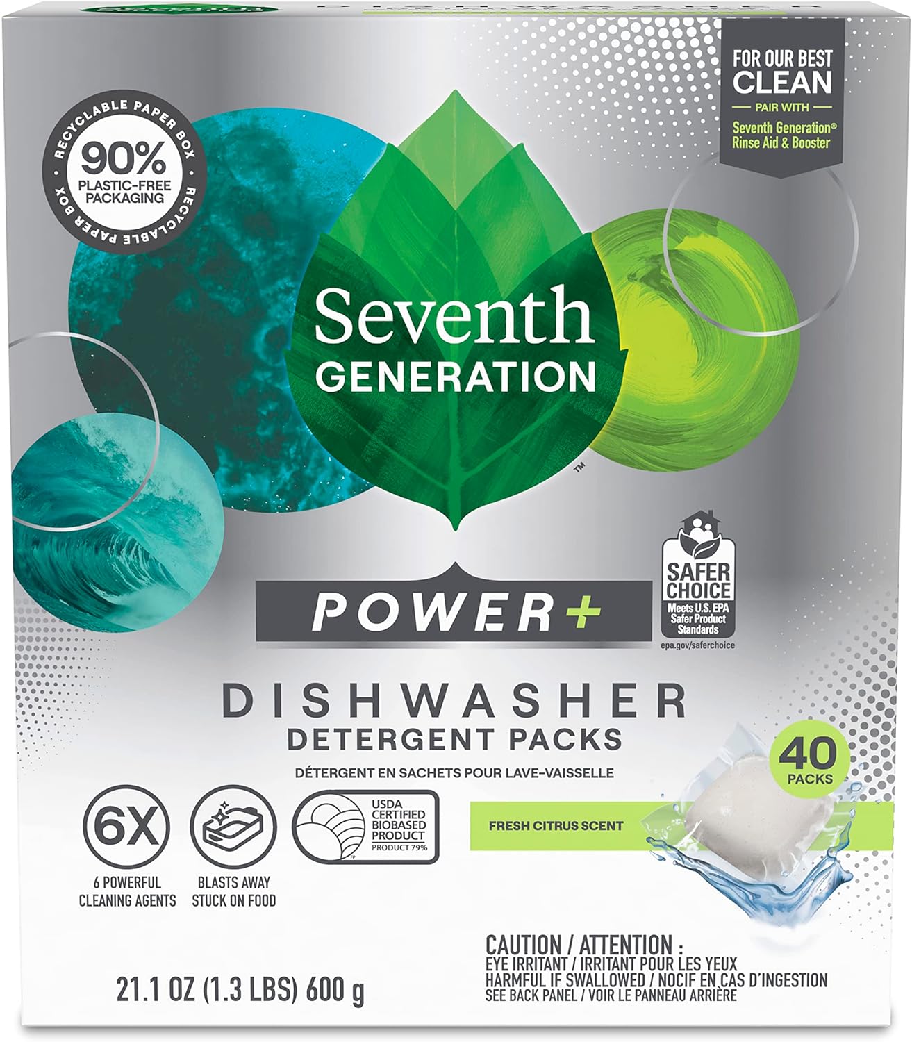 Seventh Generation Power+ Dishwasher Detergent Packs Fresh Citrus scent 1 for sparkling dishes Dishwasher tabs 70 count