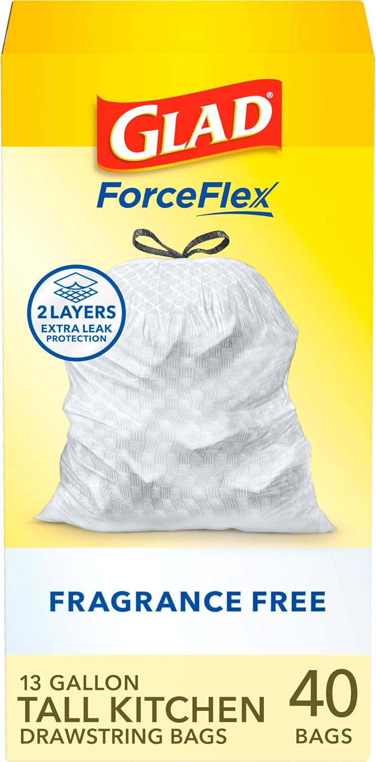 Glad Tall Kitchen Drawstring Trash Bags - Odorshield 13 Gallon White Trash Bag, Febreze Fresh Clean, 110 Count