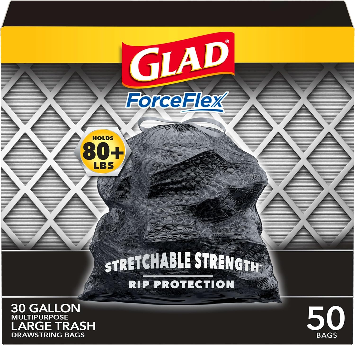 Glad Large Drawstring Trash Bags, ForceFlex 30 Gallon Black Trash Bags, 50 Count (Package May Vary)
