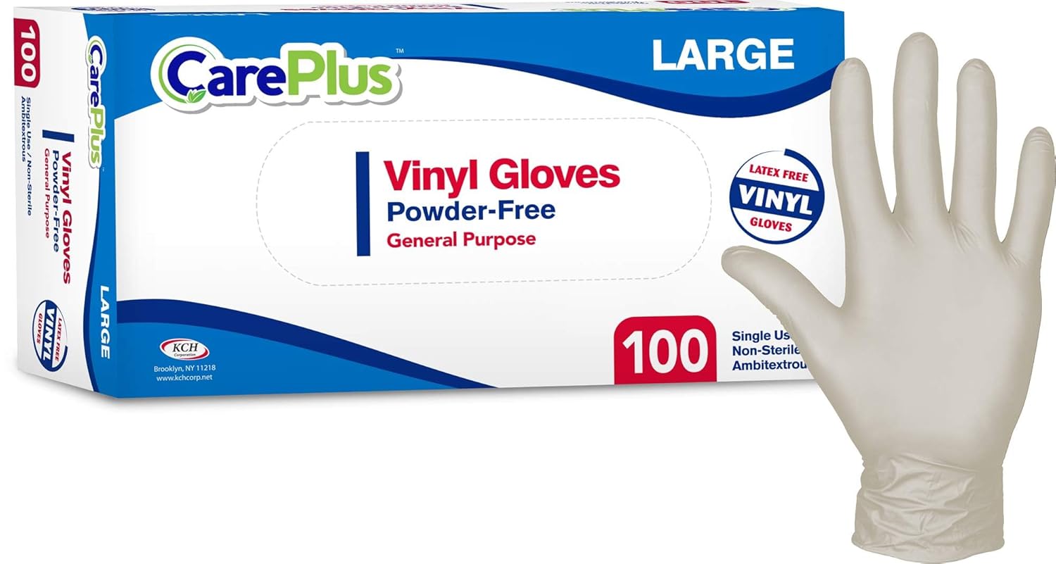 Care Plus Medium Size Disposable Vinyl Gloves Heavy Duty Non Sterile Powder Free Latex Free Rubber 100 Count Box food Safe