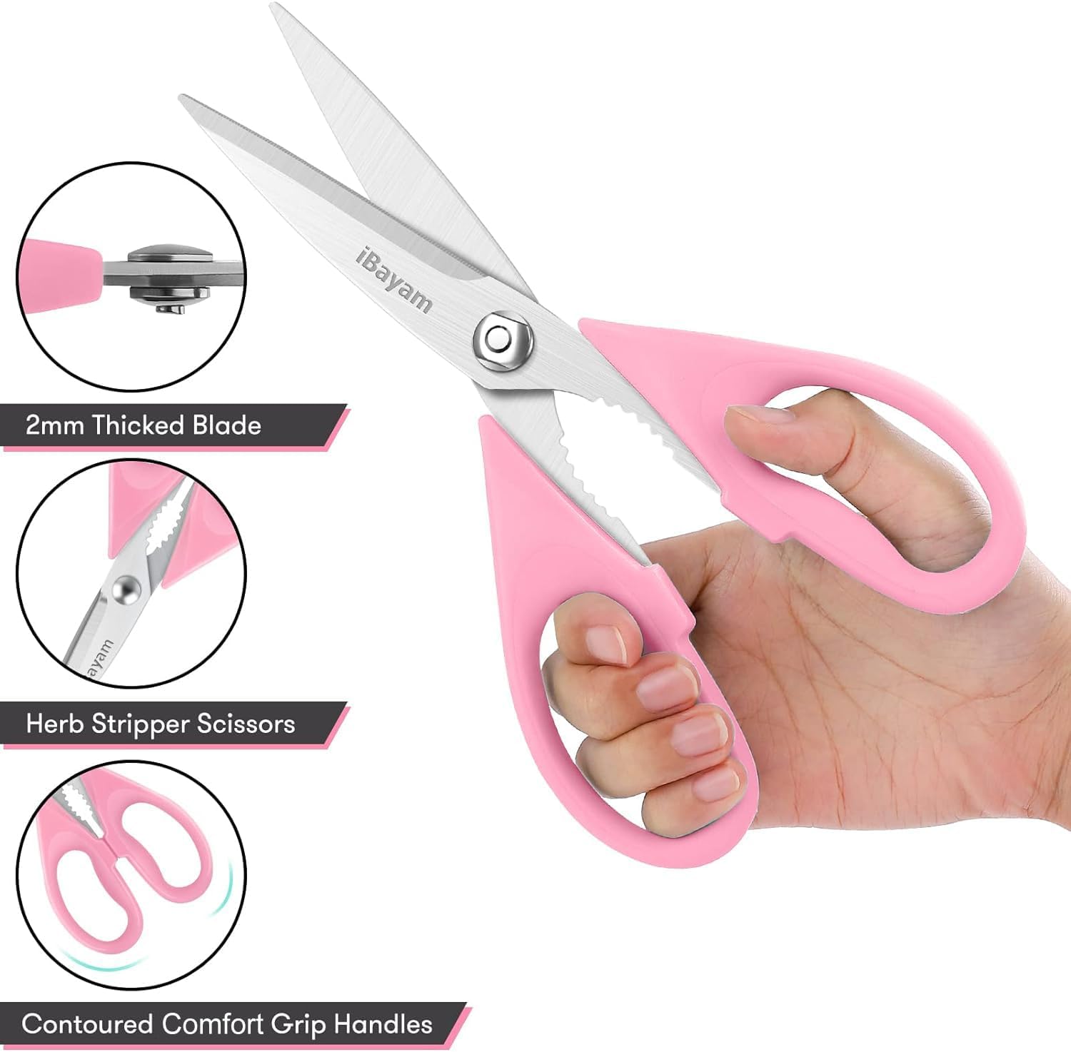 iBayam Kitchen Scissors All Purpose Heavy Duty Meat Poultry Shears, Dishwasher Safe Food Cooking Scissors Stainless Steel Utility Scissors, 2-Pack (Black Red, Black Gray)