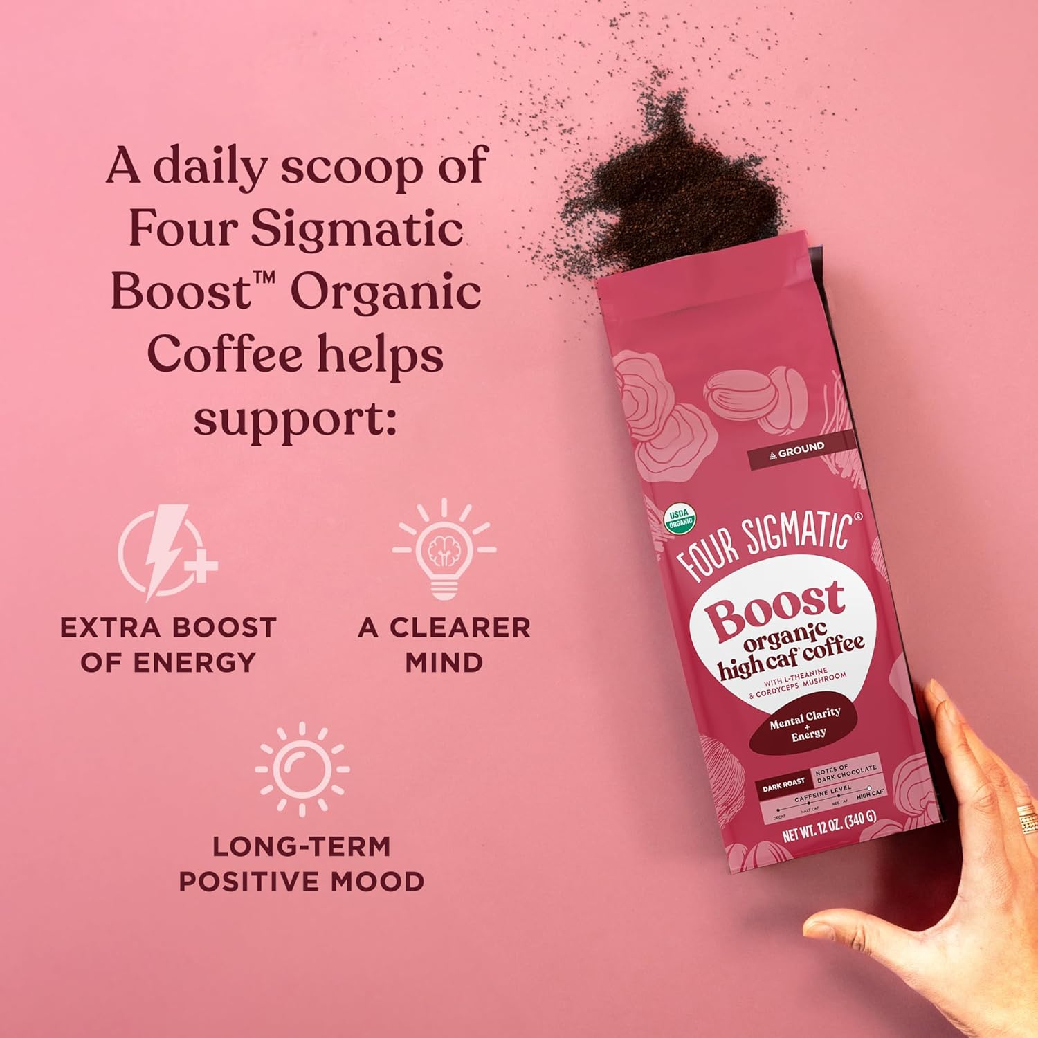 Four Sigmatic Think Mushroom Coffee | Organic Ground Coffee with Lion's Mane Mushroom and Chaga Mushroom | Nootropic Mushroom Coffee for Better Focus and Immune Support | 12oz Bag