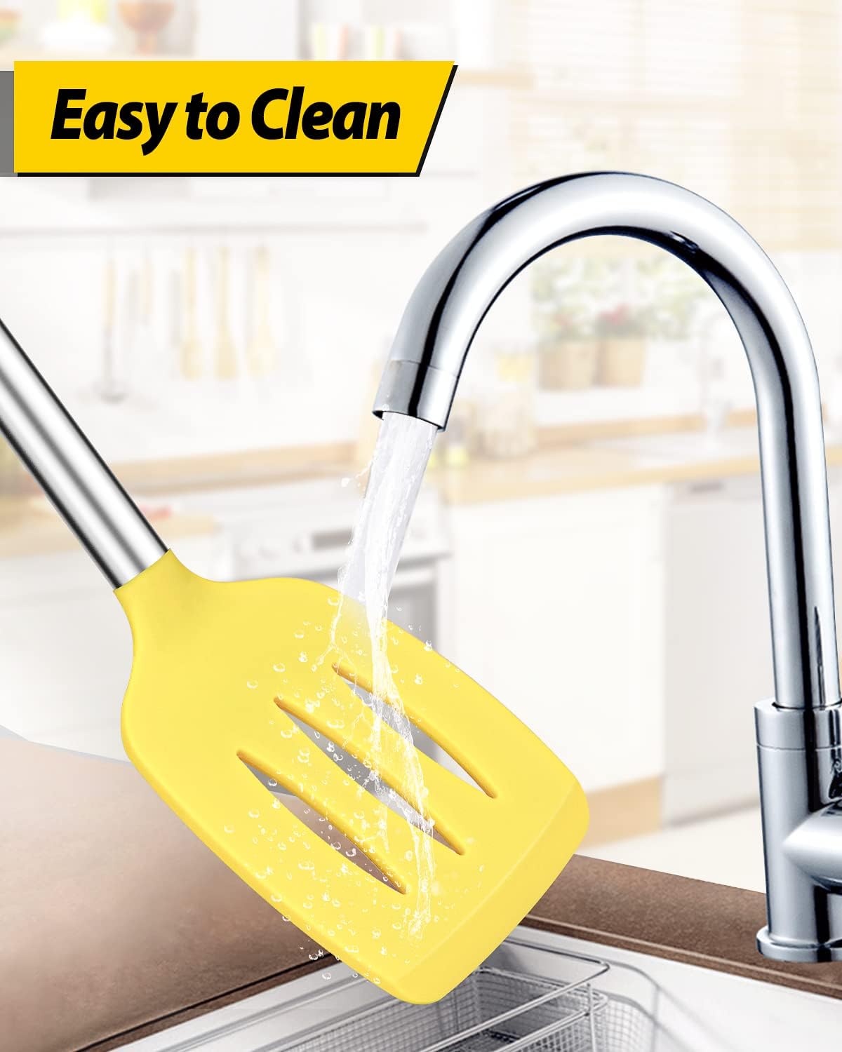 Pack of 2 Silicone Solid Turner,Non Stick Slotted Kitchen Spatulas,High Heat Resistant BPA Free Cooking Utensils,Ideal Cookware for Fish,Eggs,Pancakes (Black)