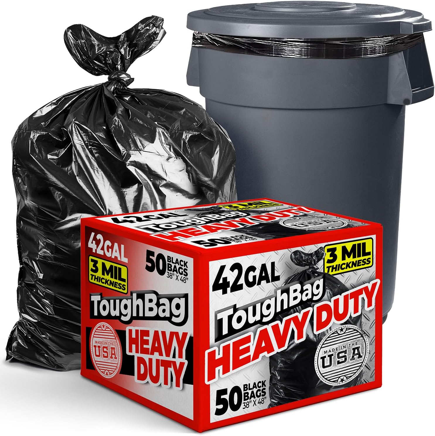 ToughBag 42 Gallon Trash Bags, 3 Mil Contractor Garbage Bags (50 COUNT) Heavy Duty Large Trash Can Liners, Black Garbage Bags, 38 x 48