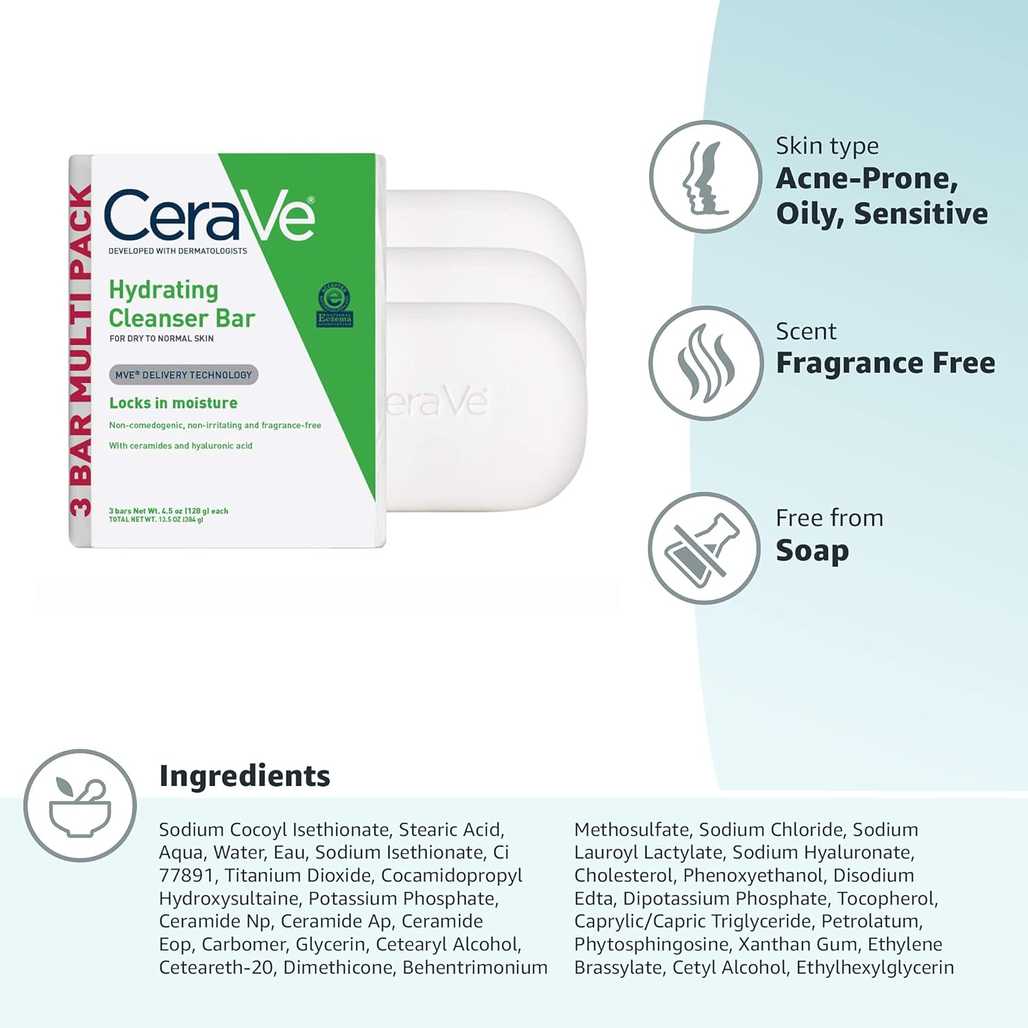 CeraVe Hydrating Cleanser Bar | Soap-Free Body and Facial Cleanser with 5% Cerave Moisturizing Cream | Fragrance-Free |2-Pack, 4.5 Ounce Each
