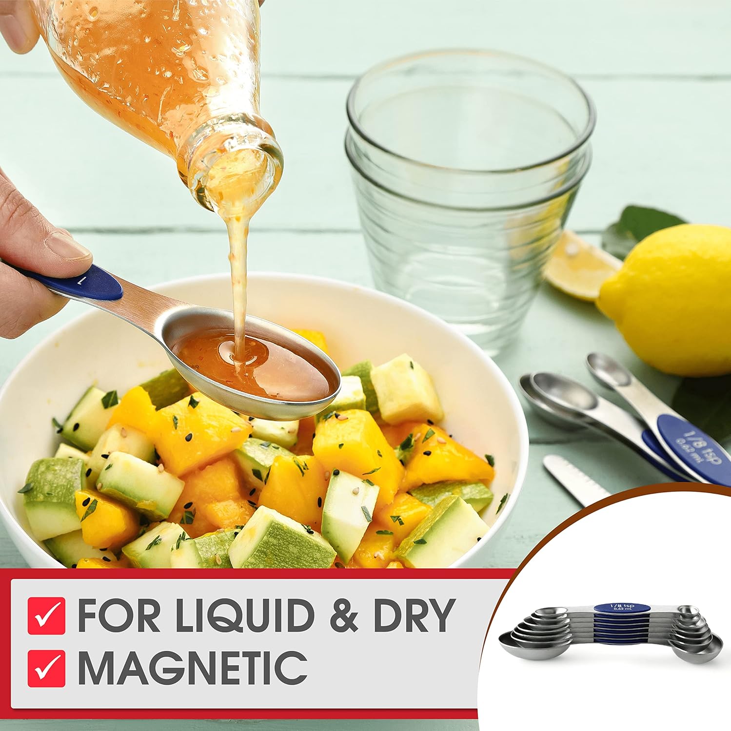 Spring Chef Magnetic Measuring Spoons Set with Strong N45 Magnets, Heavy Duty Stainless Steel Metal, Fits in Most Kitchen Spice Jars for Baking & Cooking, BPA Free, Black, Set of 8 with Leveler