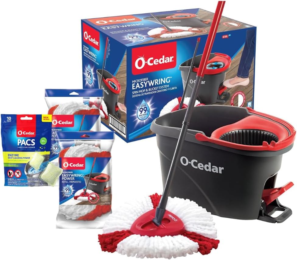 O-Cedar EasyWring Spin Mop & Bucket System +2 Power Refills with Citrus Cleaning PACS (Variety Pack)