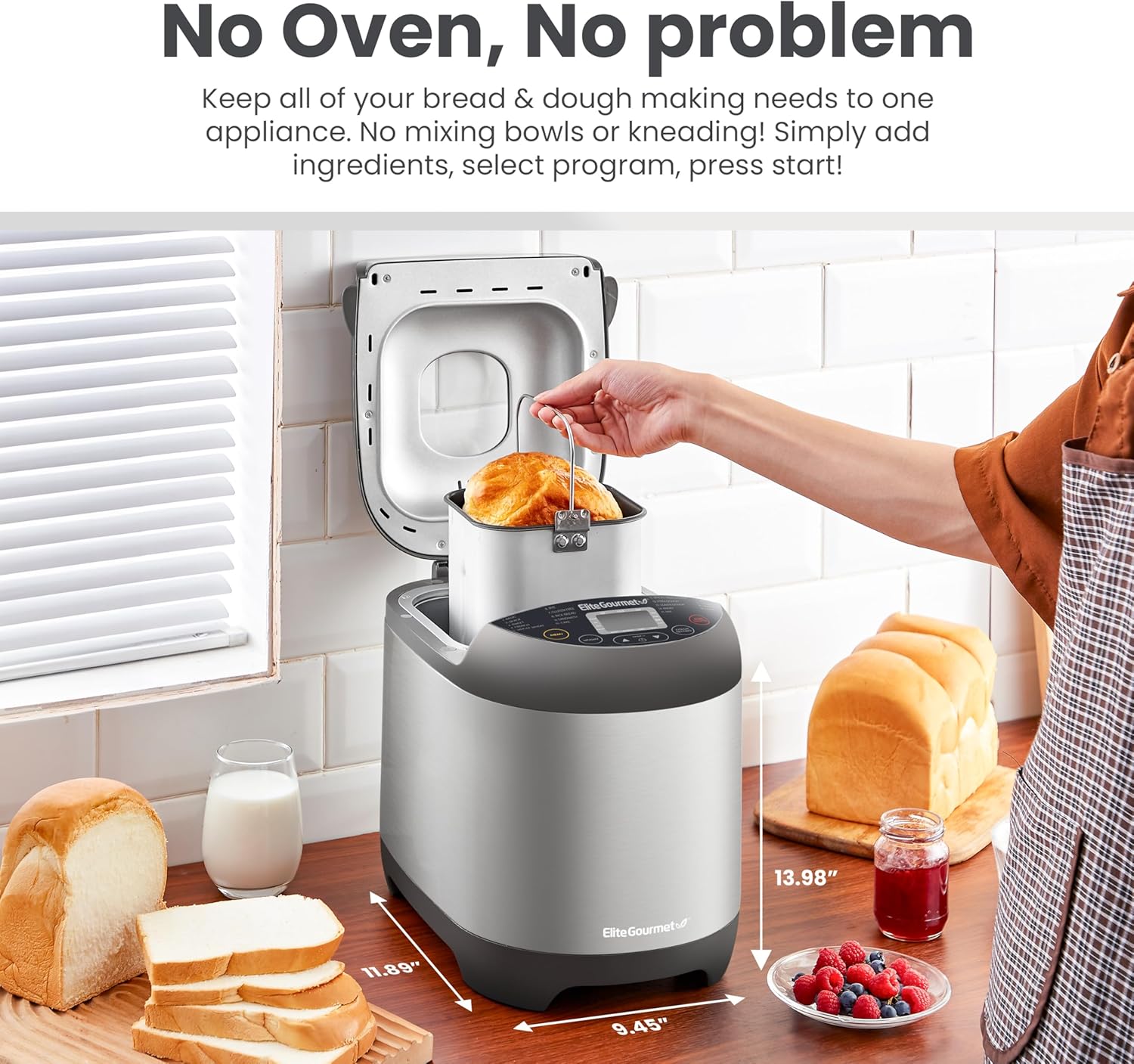 Elite Gourmet EBM8103B Programmable Bread Maker Machine 3 Loaf Sizes, 19 Menu Functions Gluten Free White Wheat Rye French and more, 2 Lbs, Black