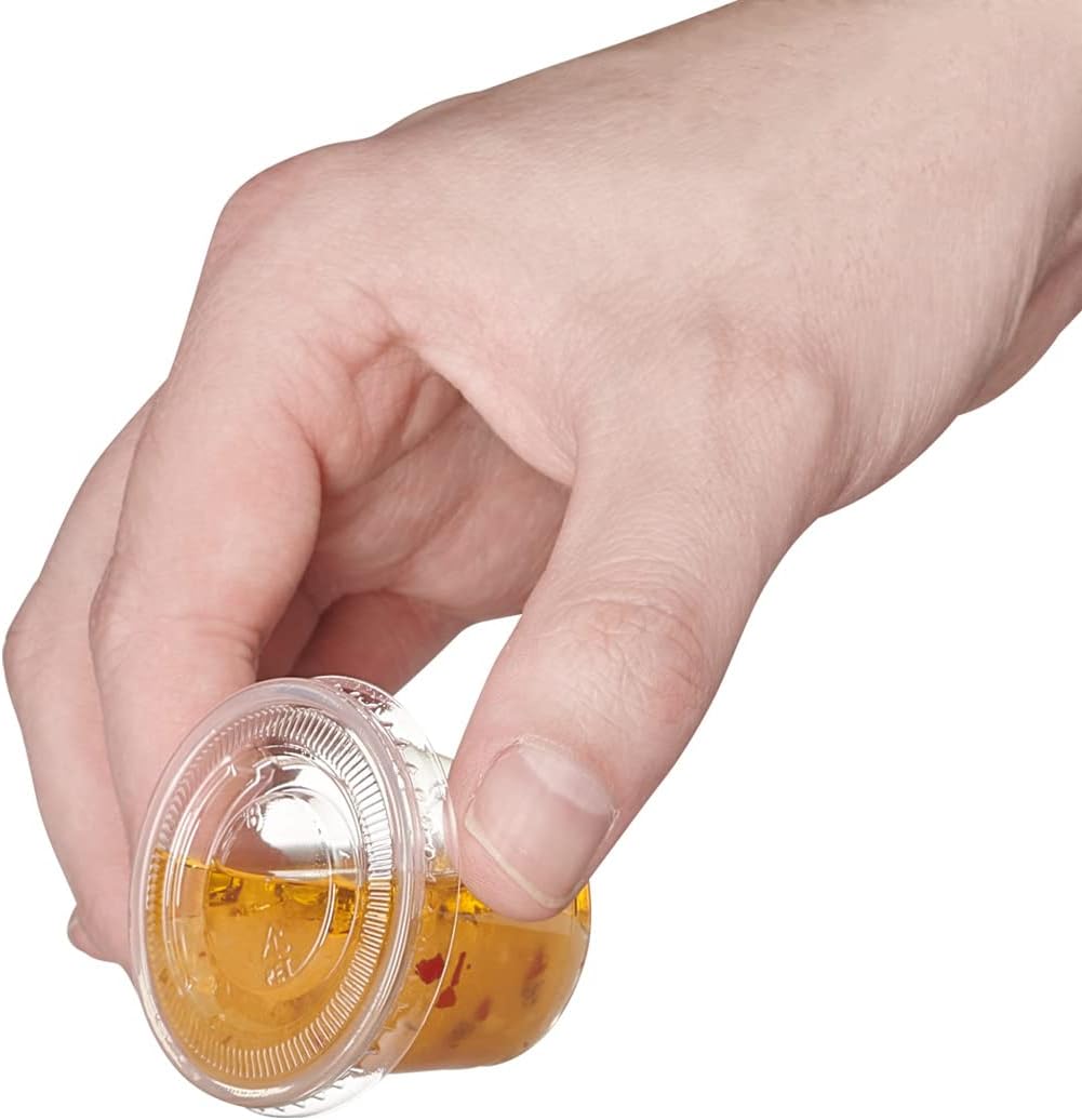 Comfy Package [2 oz. - 100 Count Clear Disposable Plastic Portion Cups with Lids - Soufflé Cups, Jello Shot Cups With Lids, Clear Plastic Containers Perfect for salad Dressing and More