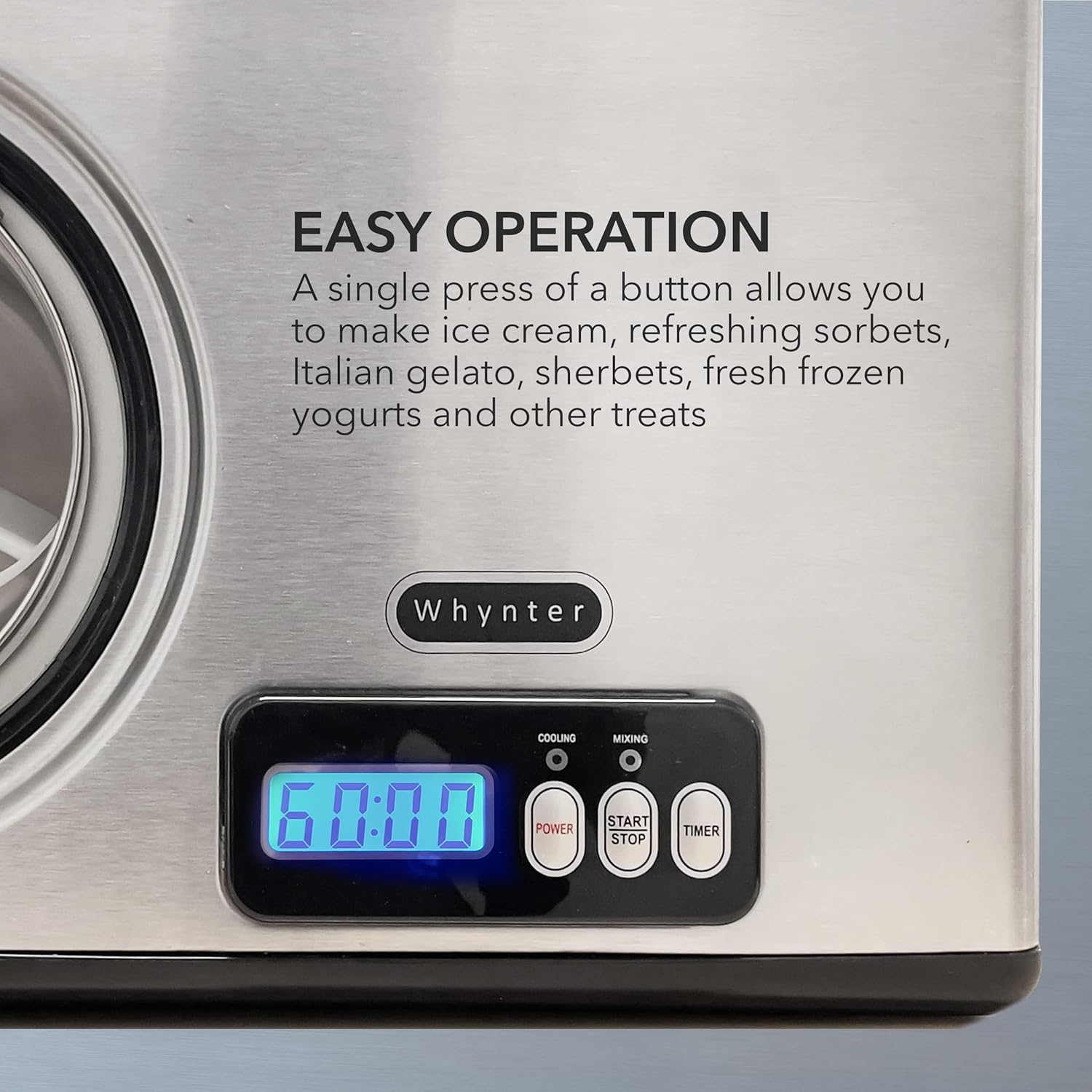 Whynter Ice Cream Maker Machine Automatic 2.1 Qt with Built-in Compressor, LCD Digital Display & Timer, No Pre-Freezing, ICM-200LS, Stainless Steel