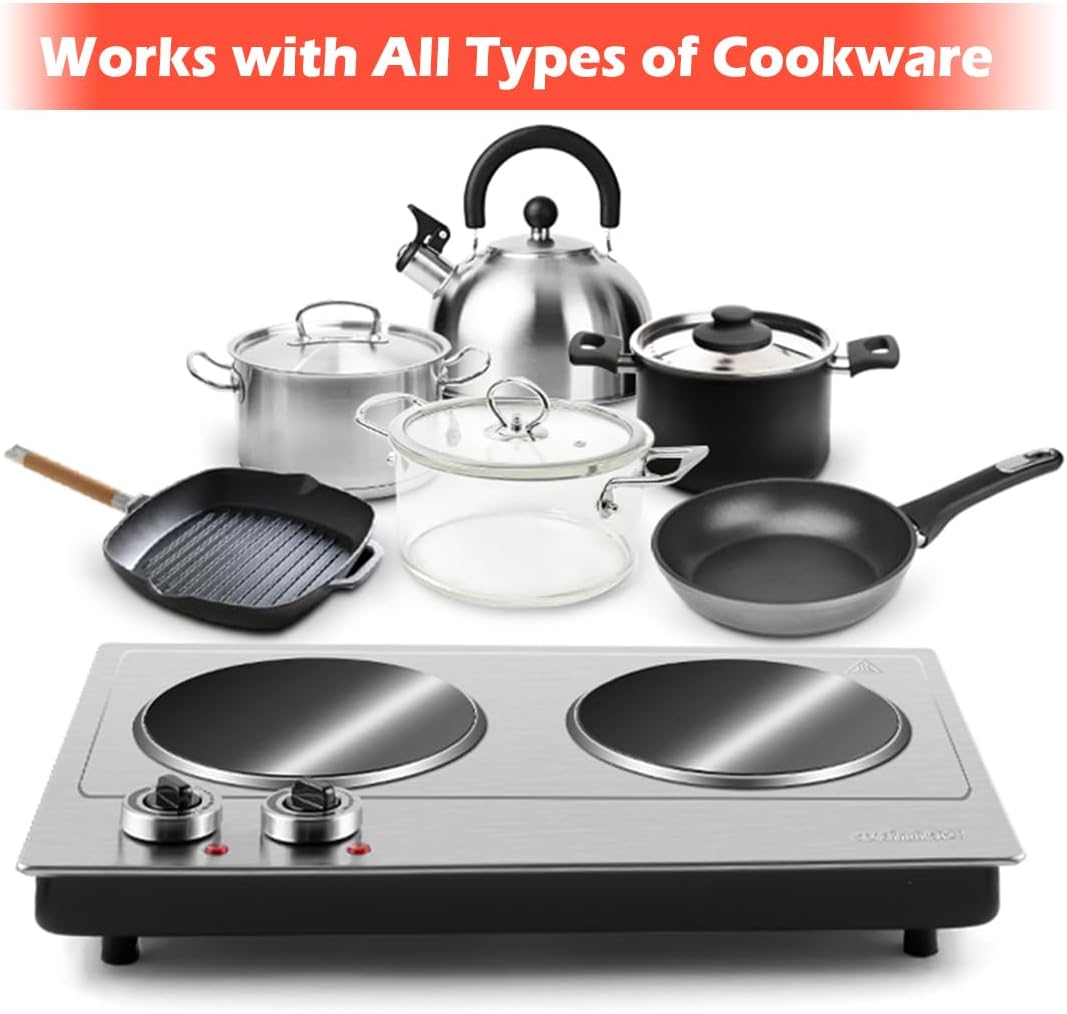 CUSIMAX Electric Hot Plate for Cooking Portable Single Burner 1500W Cast Iron hot plates Heat-up in Seconds Adjustable Temperature Control Stainless Steel Non-Slip Rubber Feet Upgraded Version B101