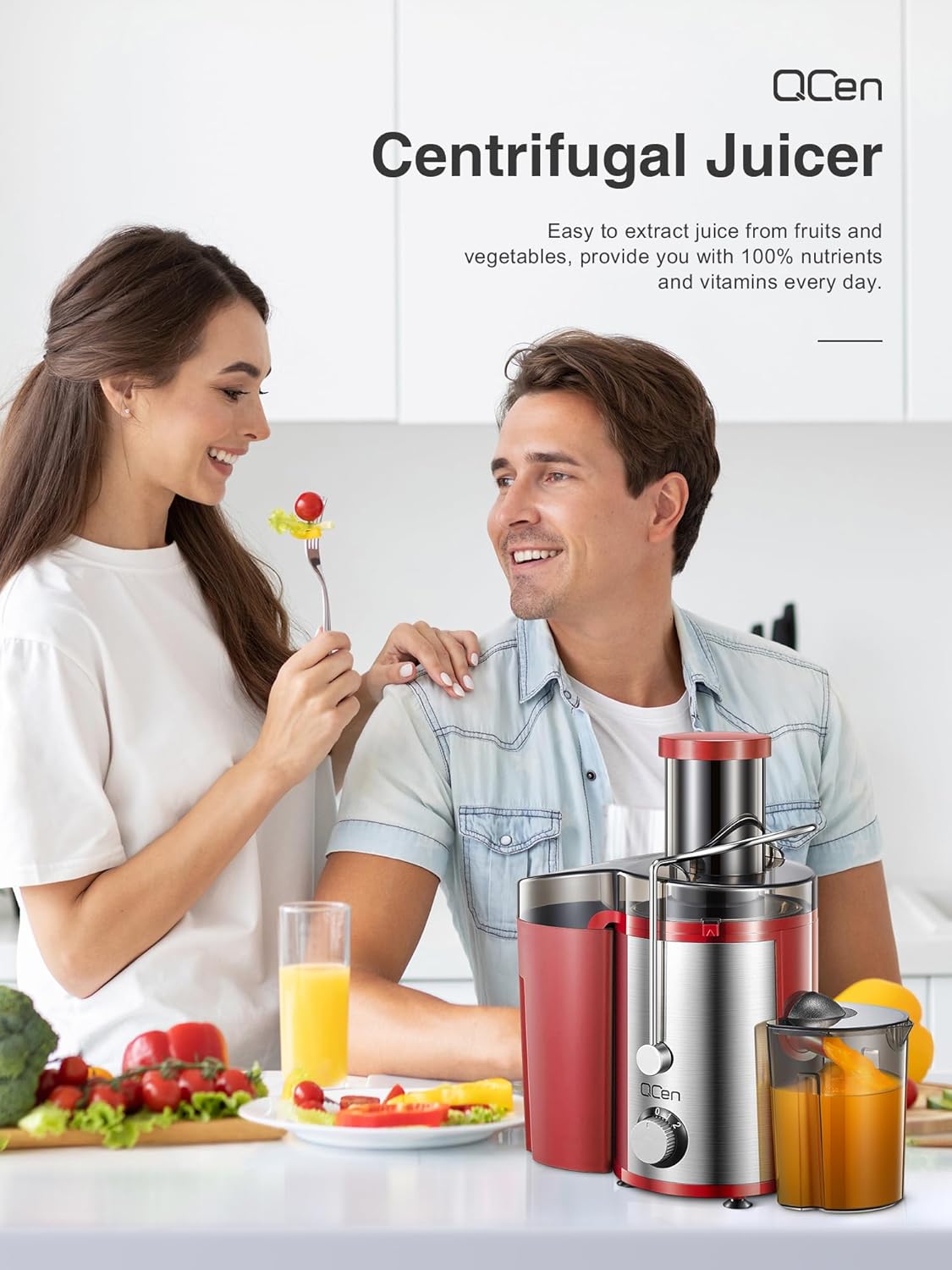 Qcen Juicer Machine, 800W Centrifugal Juicer Extractor with Wide Mouth 3” Feed Chute for Fruit Vegetable, Easy to Clean, Stainless Steel, BPA-free (Black)