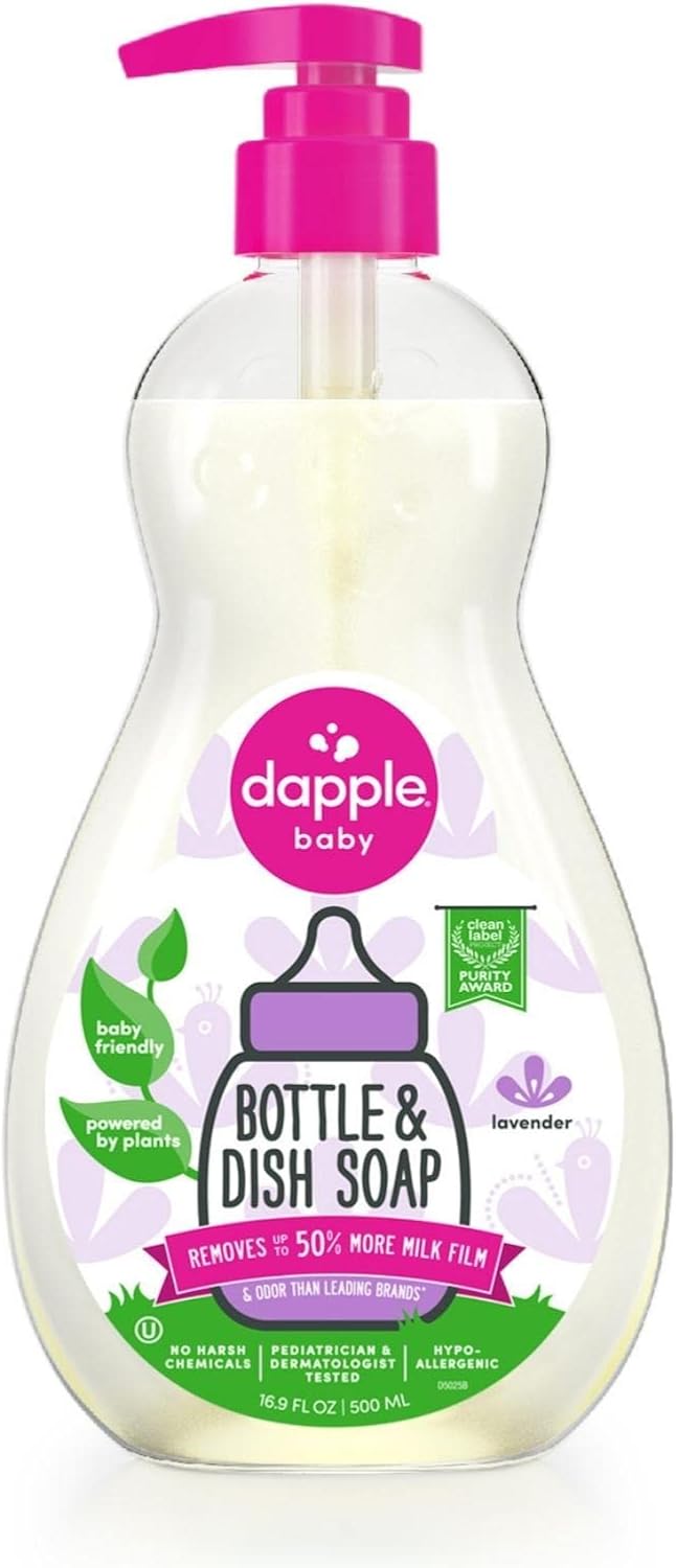 Dapple Baby Bottle Soap, Hypoallergenic Dish Soap for Baby Bottles, Powered by Plants, 1 Pump Included, Packaging May Vary, Fragrance Free, 16.9 Fl Oz (Pack of 3)