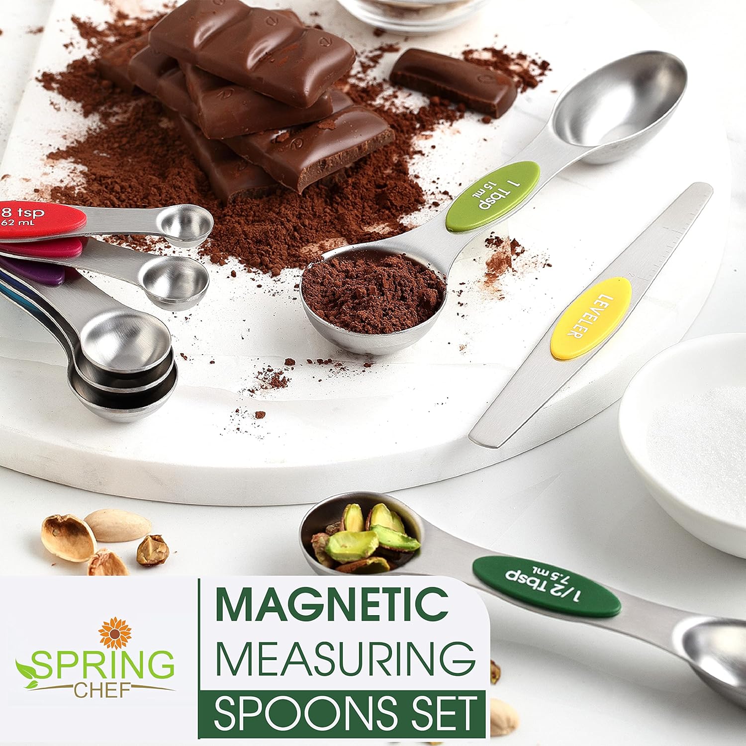Spring Chef Magnetic Measuring Spoons Set with Strong N45 Magnets, Heavy Duty Stainless Steel Metal, Fits in Most Kitchen Spice Jars for Baking & Cooking, BPA Free, Black, Set of 8 with Leveler