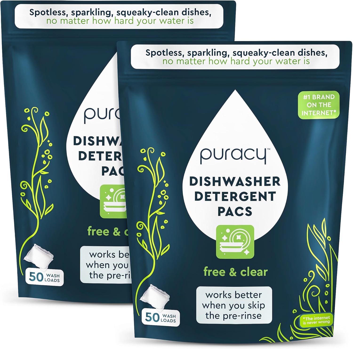 Puracy Dishwasher Pods 50 Count, Natural Dishwasher Detergent, Free & Clear Dish Tabs, Tiktok Trend Items, Enzyme-Powered, Spot & Residue-Free, Must Haves from Tiktok Made Me Buy It