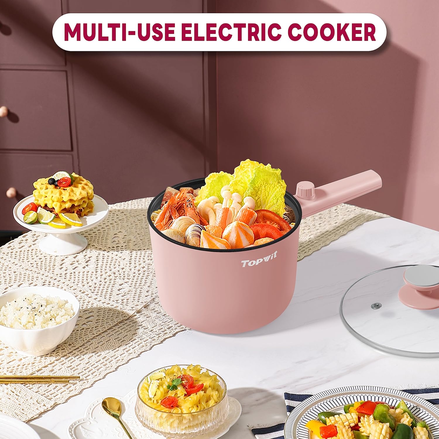 Topwit Hot Pot Electric, 1.5L Ramen Cooker, Portable Non-Stick Frying Pan, Electric Pot for Pasta, Steak, BPA Free, Electric Cooker with Dual Power Control, Over-Heating & Boil Dry Protection, Black