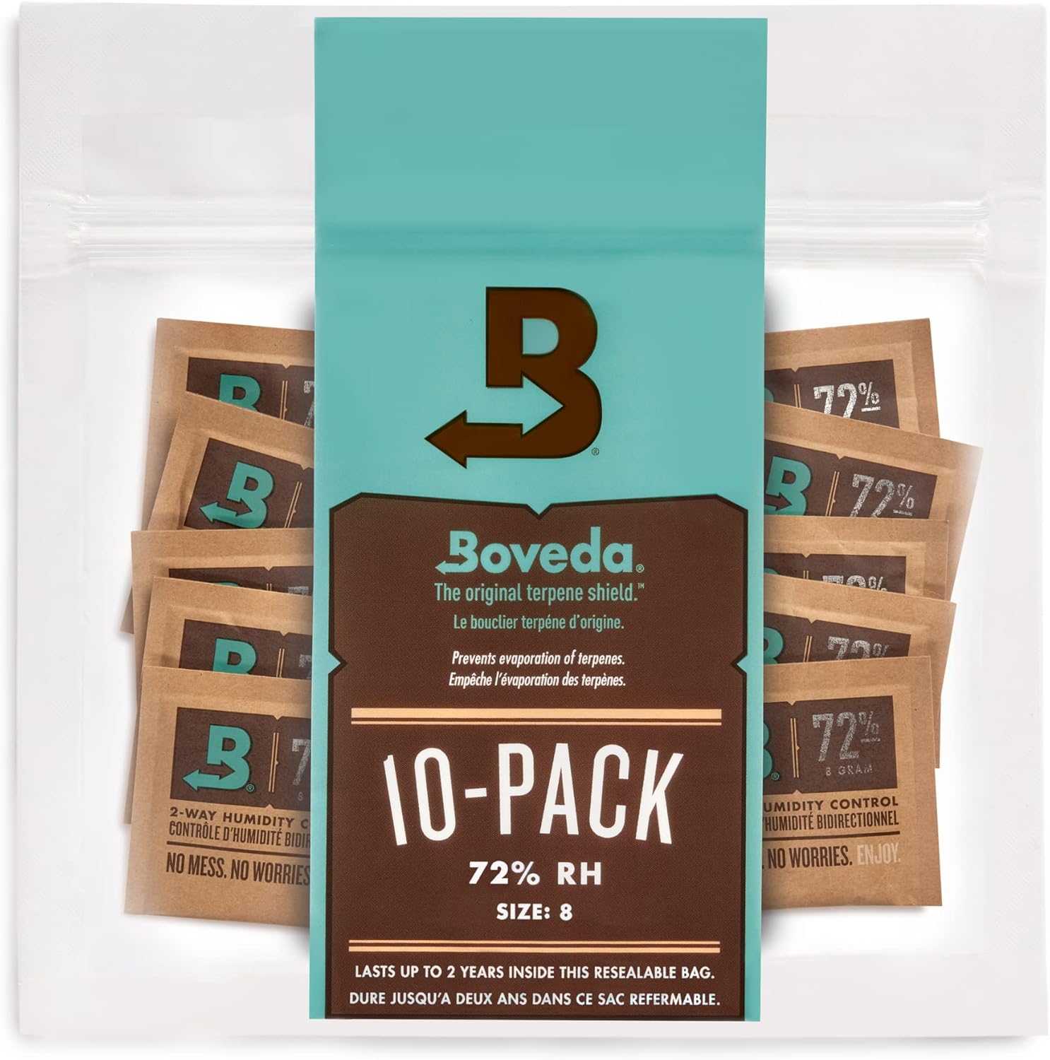 Boveda 62% RH Size 8 - 10 Pack Two-Way Humidity Control Packs - For Storing 1 oz - Moisture Absorber for Small Storage Containers - Humidifier Packs - Hydration Packets w/ Resealable Bag