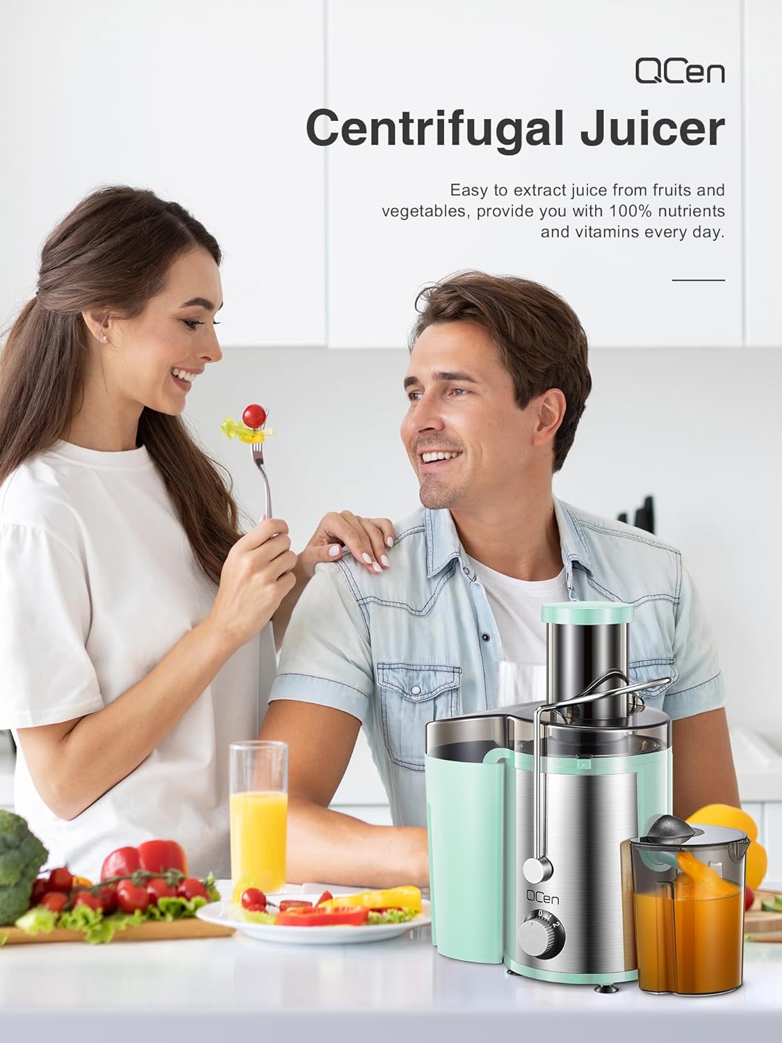 Qcen Juicer Machine, 800W Centrifugal Juicer Extractor with Wide Mouth 3” Feed Chute for Fruit Vegetable, Easy to Clean, Stainless Steel, BPA-free (Black)