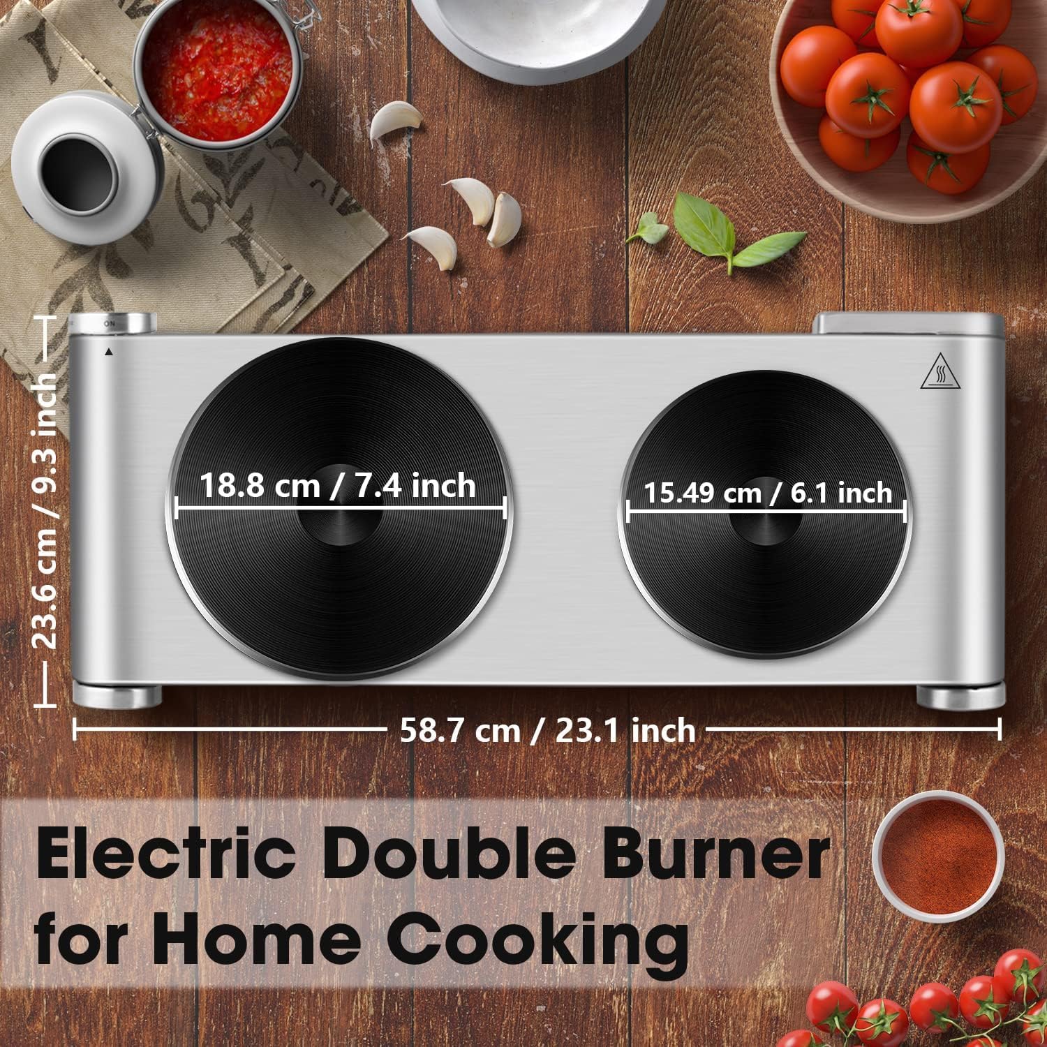 CUSIMAX 1800W Ceramic Electric Hot Plate for Cooking, Dual Control Infrared Cooktop, Double Burner, Portable Countertop Burner, Glass Plate Electric Cooktop, Silver, Stainless Steel-Upgraded Version