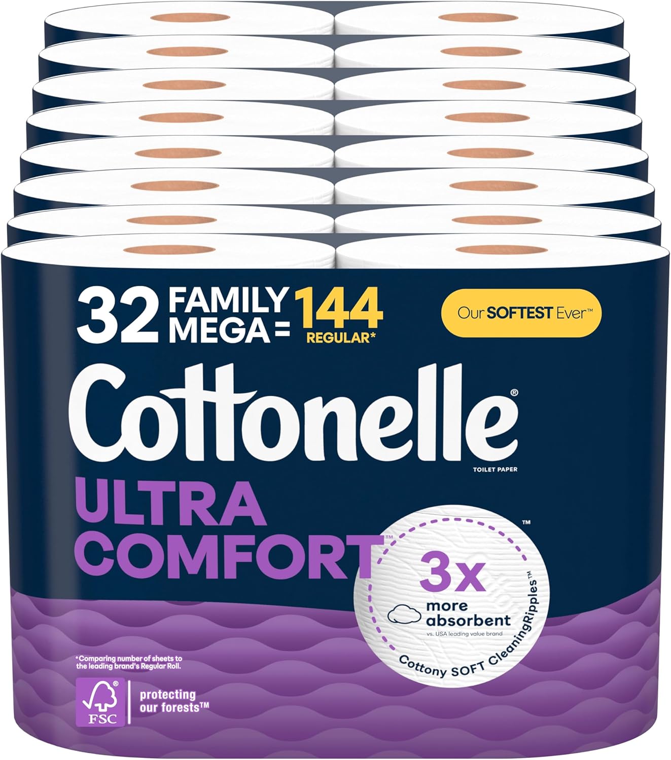 Cottonelle Ultra Comfort Toilet Paper with Cushiony CleaningRipples Texture, 24 Family Mega Rolls (24 Family Mega Rolls = 108 Regular Rolls) (4 Packs of 6), 296 Sheets per Roll, Packaging May Vary