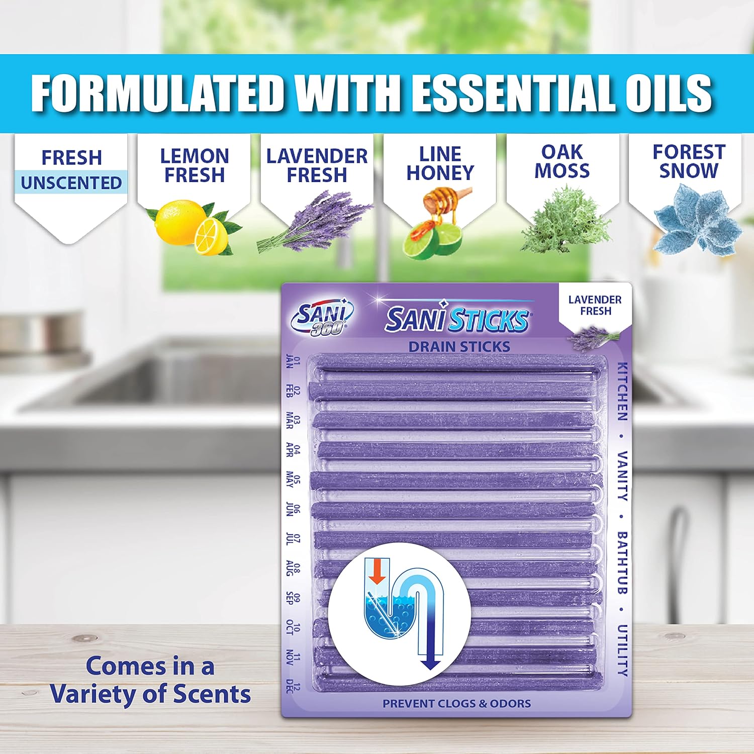 SANI 360° Sani Sticks Drain Cleaner and Deodorizer, Enzyme Pipe Cleaners, Eliminate Odors, Prevent Clogged Drains, Safe for Sinks, Bathtub Drains, Septic Tanks, 24 Count, Lemon Scent