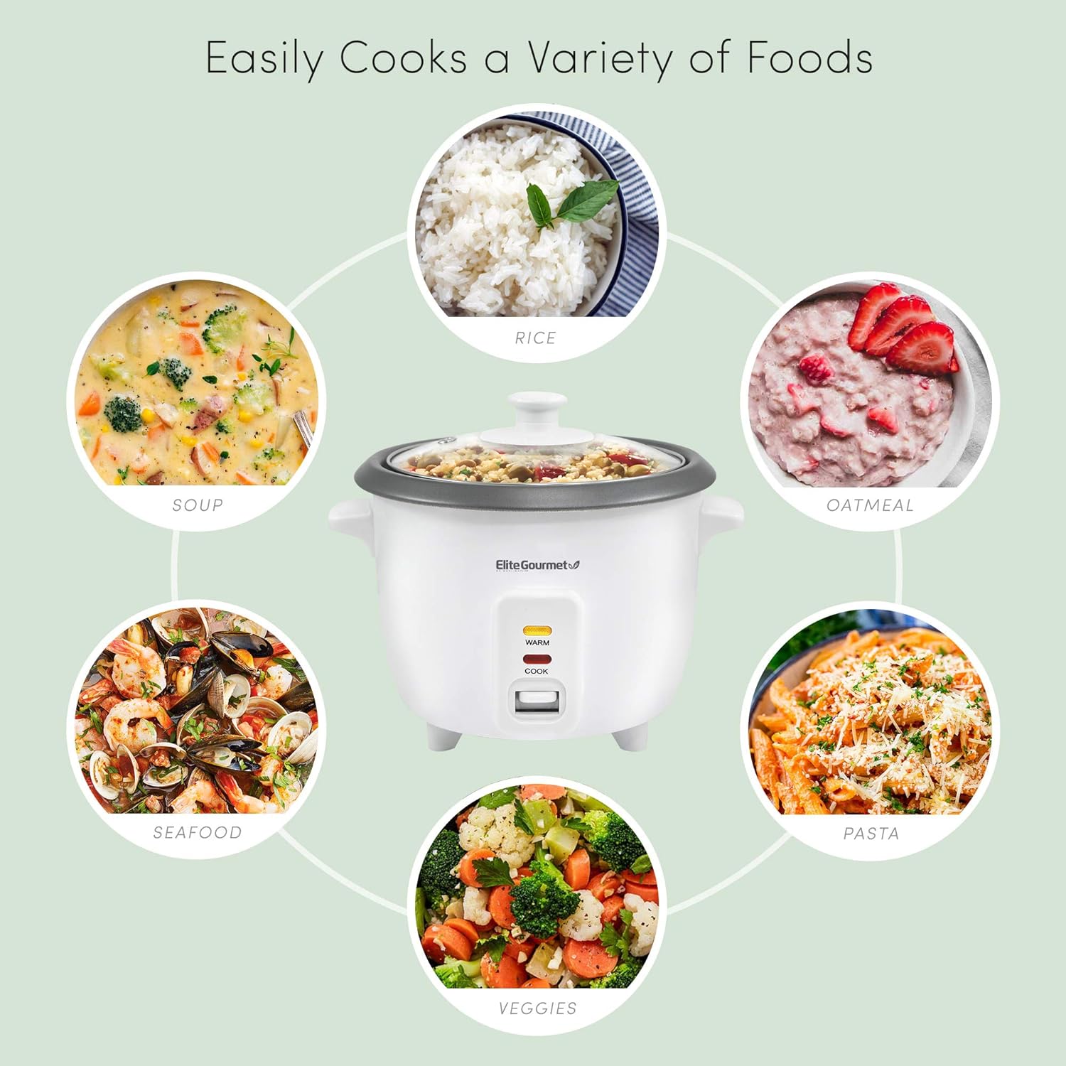 Elite Gourmet ERC-003 Electric Rice Cooker with Automatic Keep Warm Makes Soups, Stews, Grains, Hot Cereals, White, 6 Cups Cooked (3 Cups Uncooked)