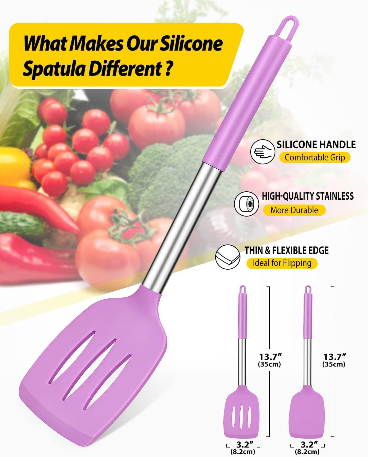 Pack of 2 Silicone Solid Turner,Non Stick Slotted Kitchen Spatulas,High Heat Resistant BPA Free Cooking Utensils,Ideal Cookware for Fish,Eggs,Pancakes (Black)