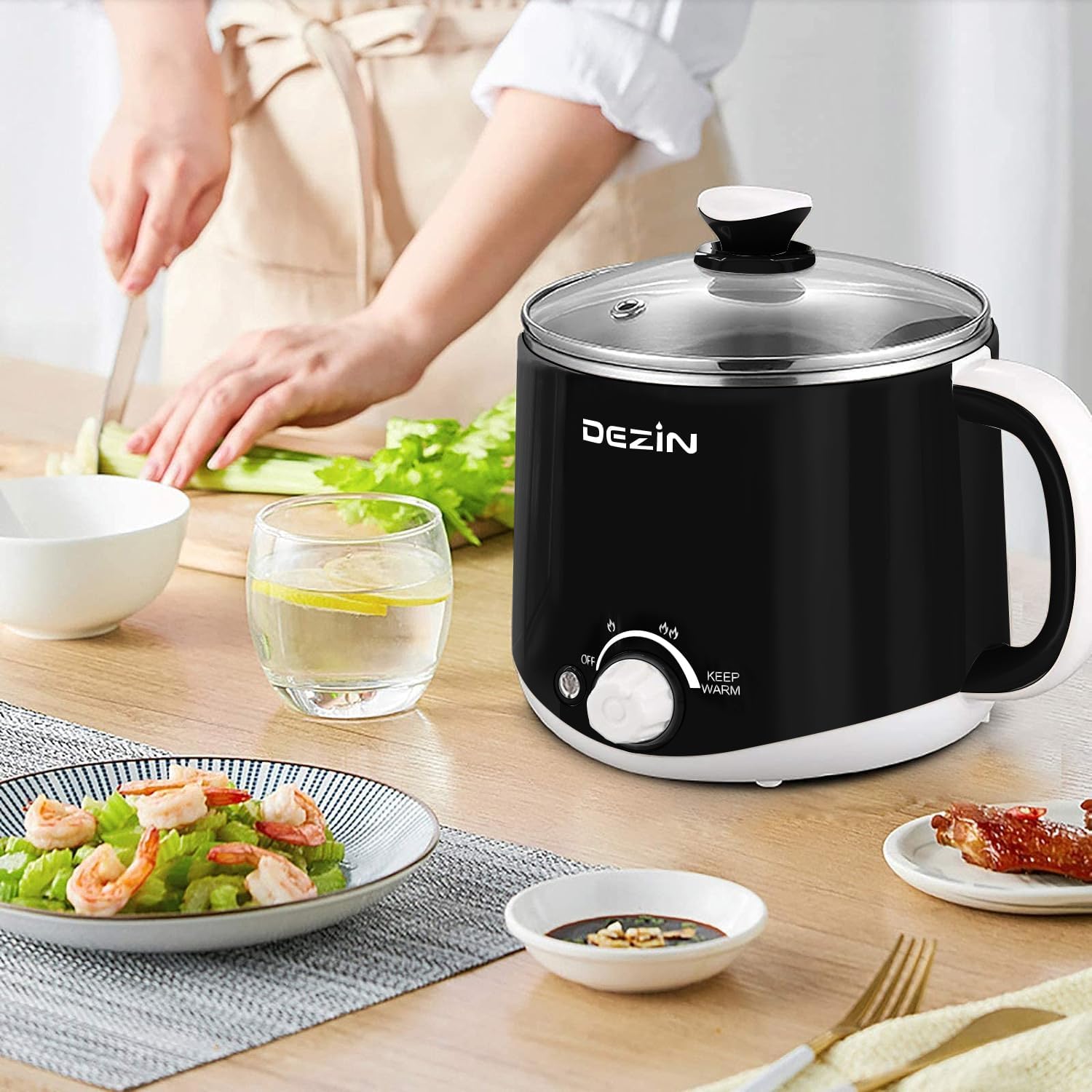 Dezin Electric Pot, 1.6L Ramen Cooker, Hot Pot Electric Stainless Steel, Multifunctional Electric Cooker for Egg, Pasta, Soup, Porridge, Oatmeal with Temperature Control and Keep Warm Function