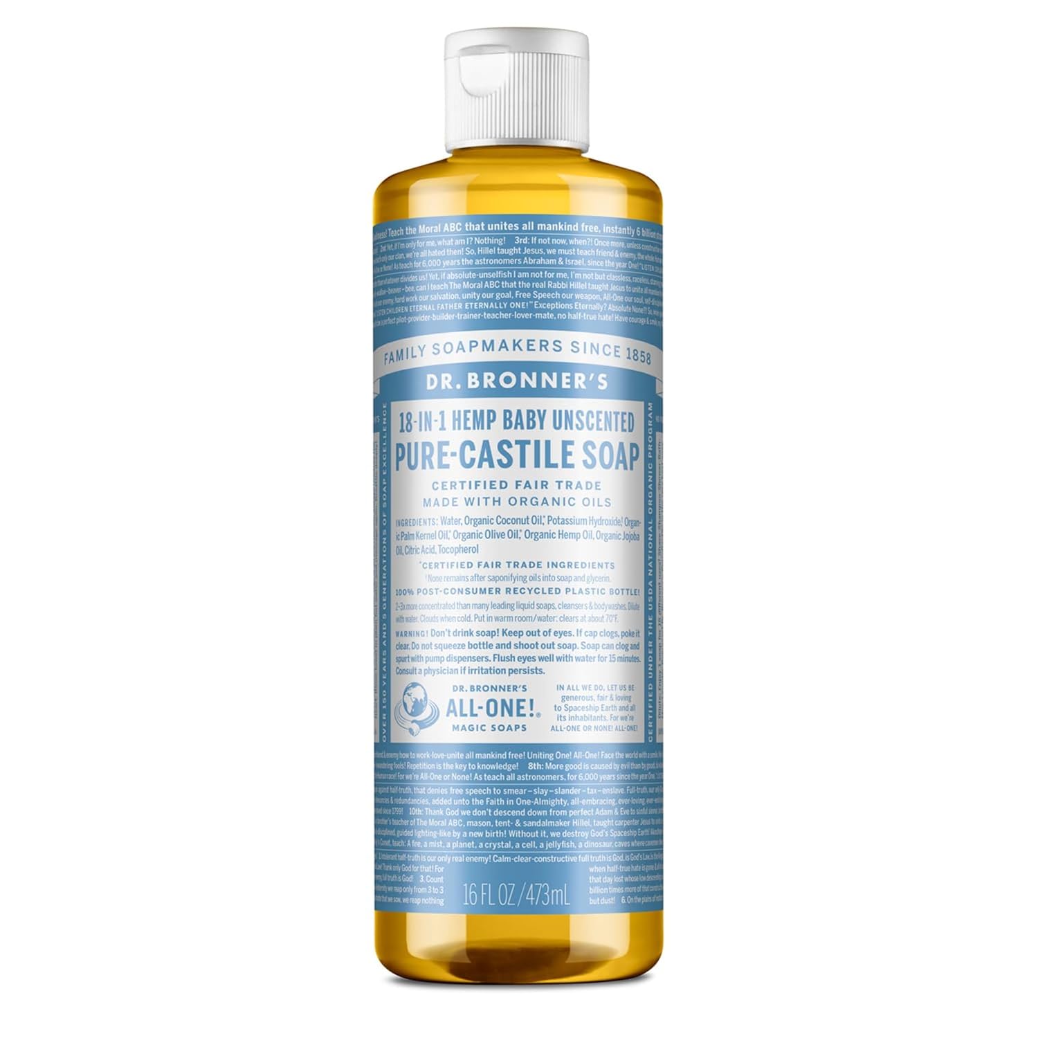 Dr. Bronner's - Pure-Castile Liquid Soap (Baby Unscented, 8 Ounce) - Made with Organic Oils, 18-in-1 Uses: Face, Hair, Laundry, Dishes, For Sensitive Skin, Babies, No Added Fragrance, Vegan, Non-GMO