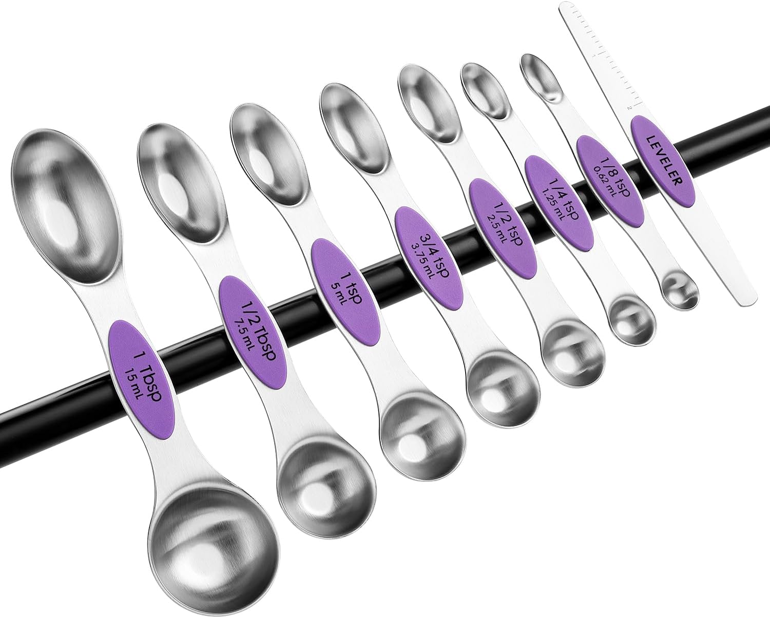Spring Chef Magnetic Measuring Spoons Set with Strong N45 Magnets, Heavy Duty Stainless Steel Metal, Fits in Most Kitchen Spice Jars for Baking & Cooking, BPA Free, Black, Set of 8 with Leveler
