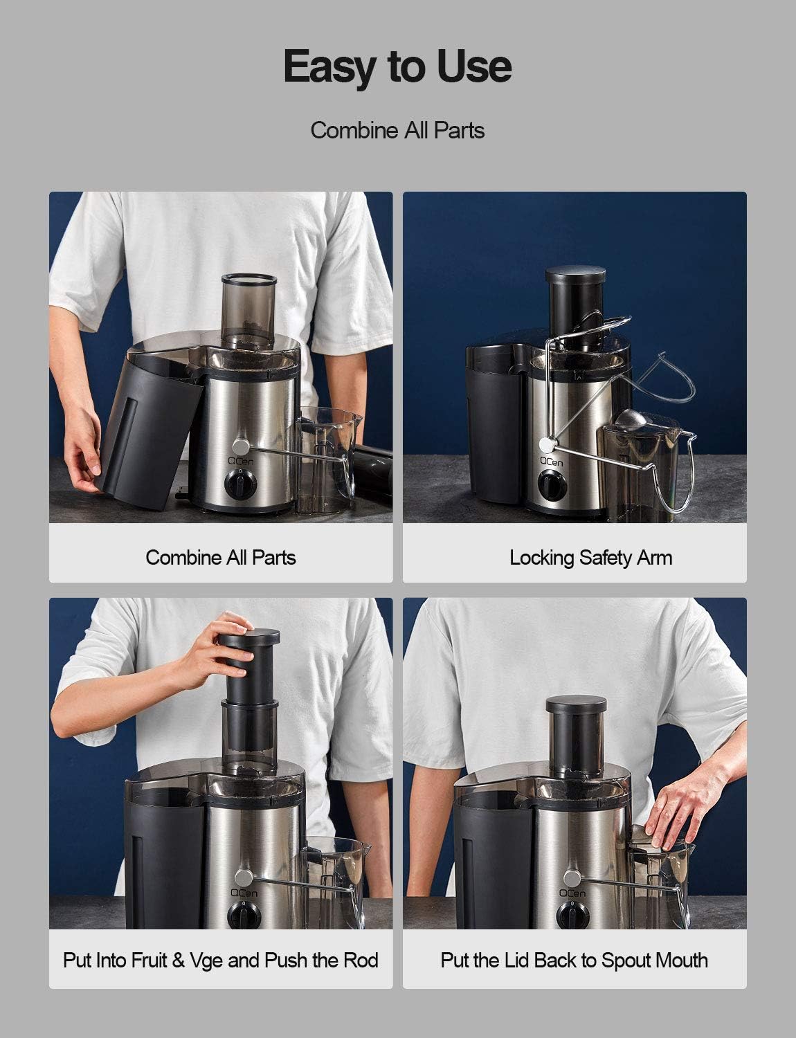 Qcen Juicer Machine, 800W Centrifugal Juicer Extractor with Wide Mouth 3” Feed Chute for Fruit Vegetable, Easy to Clean, Stainless Steel, BPA-free (Black)