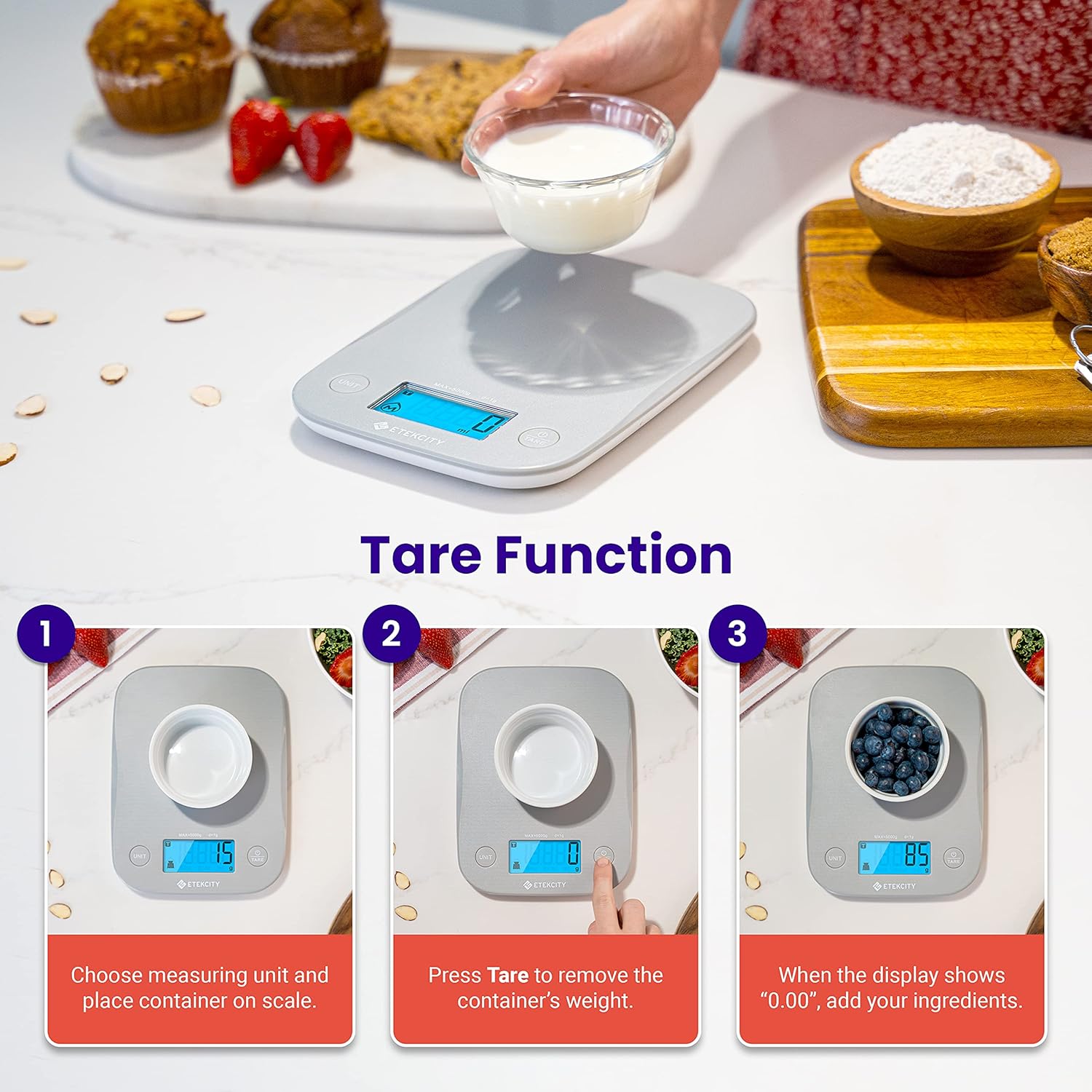 Etekcity Food Kitchen Scale, Digital Grams and Ounces for Weight Loss, Baking, Cooking, Keto and Meal Prep, LCD Display, Medium, 304 Stainless Steel