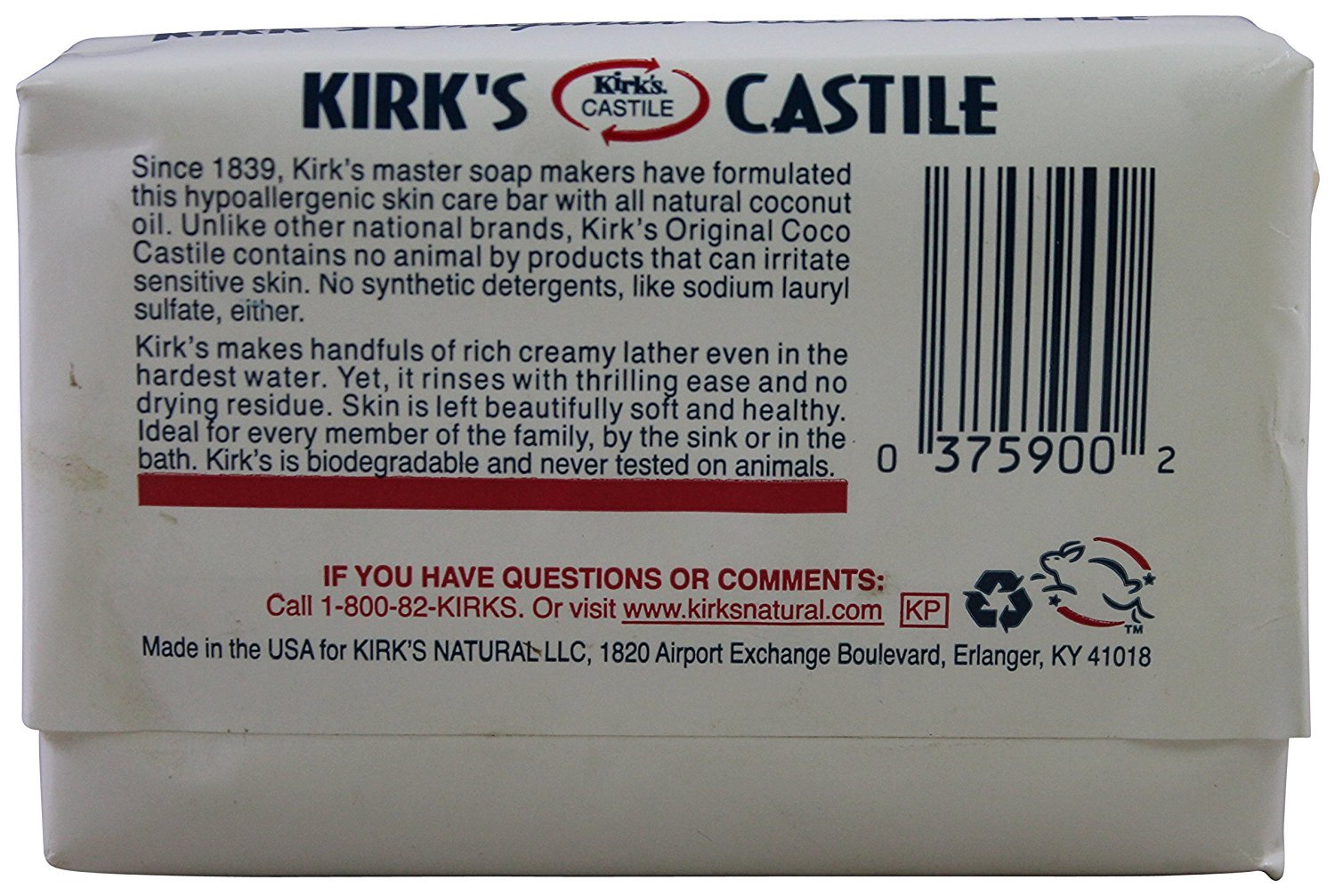 Kirk's Castile Bar Soap for Men, Women & Children - Made With Premium Coconut Oil, Sensitive Skin Formula, Vegan, Non GMO, Original Fresh Scent, 4 oz. Bars, 6 Pack