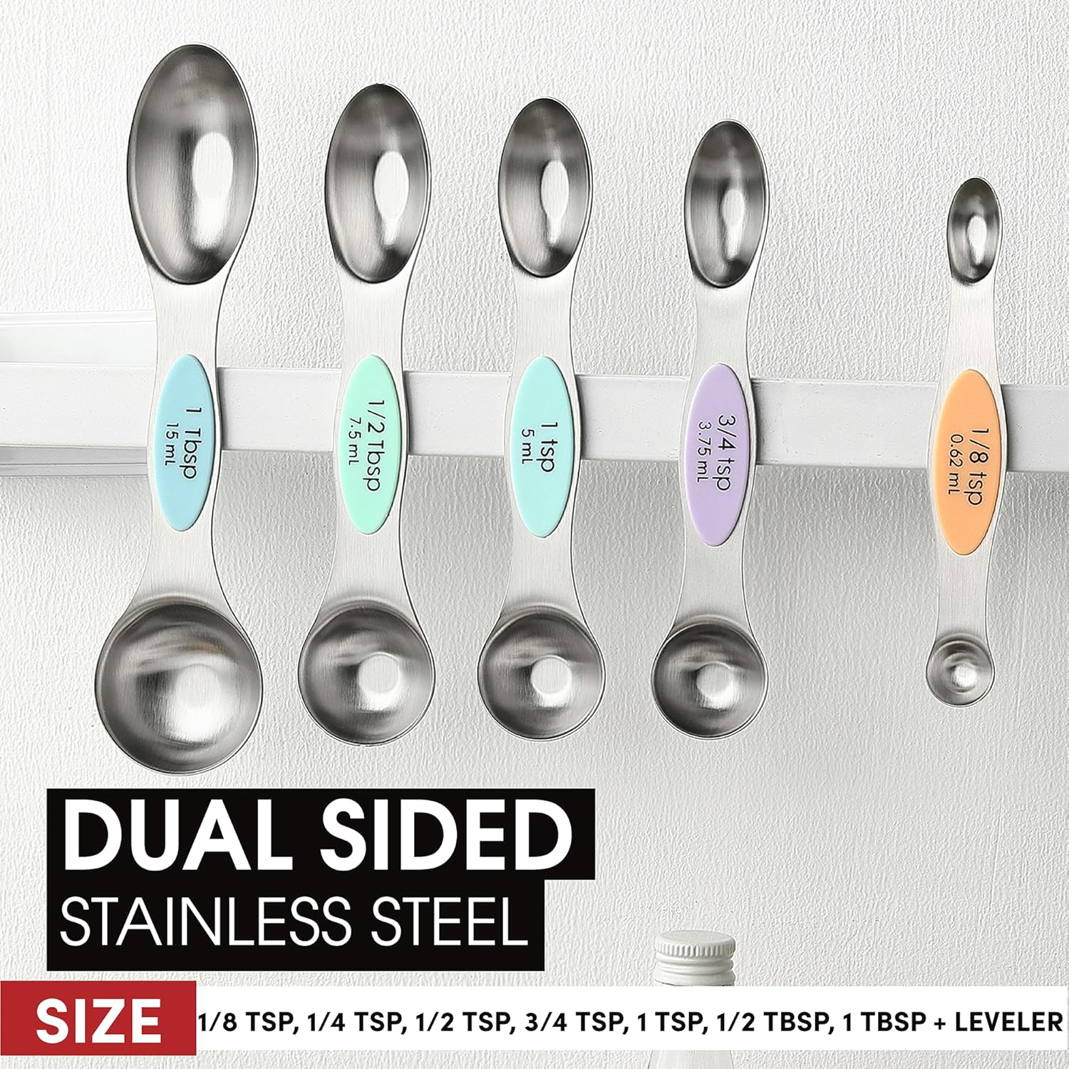 Spring Chef Magnetic Measuring Spoons Set with Strong N45 Magnets, Heavy Duty Stainless Steel Metal, Fits in Most Kitchen Spice Jars for Baking & Cooking, BPA Free, Black, Set of 8 with Leveler